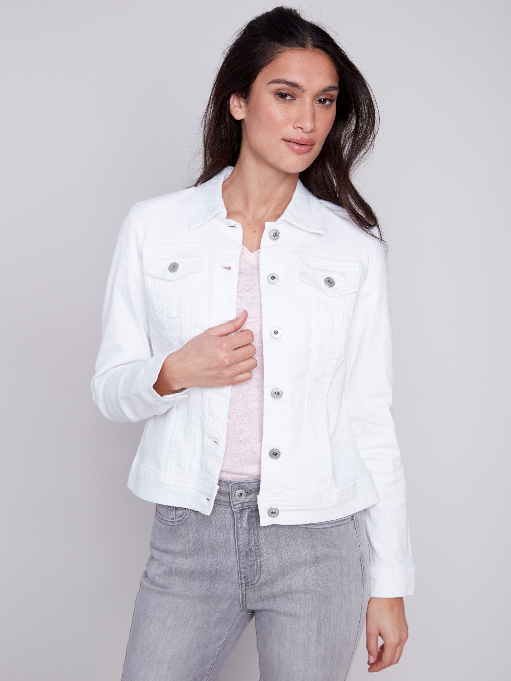 Stretch Denim Jacket - White - Charlie B Collection Canada - Image 1