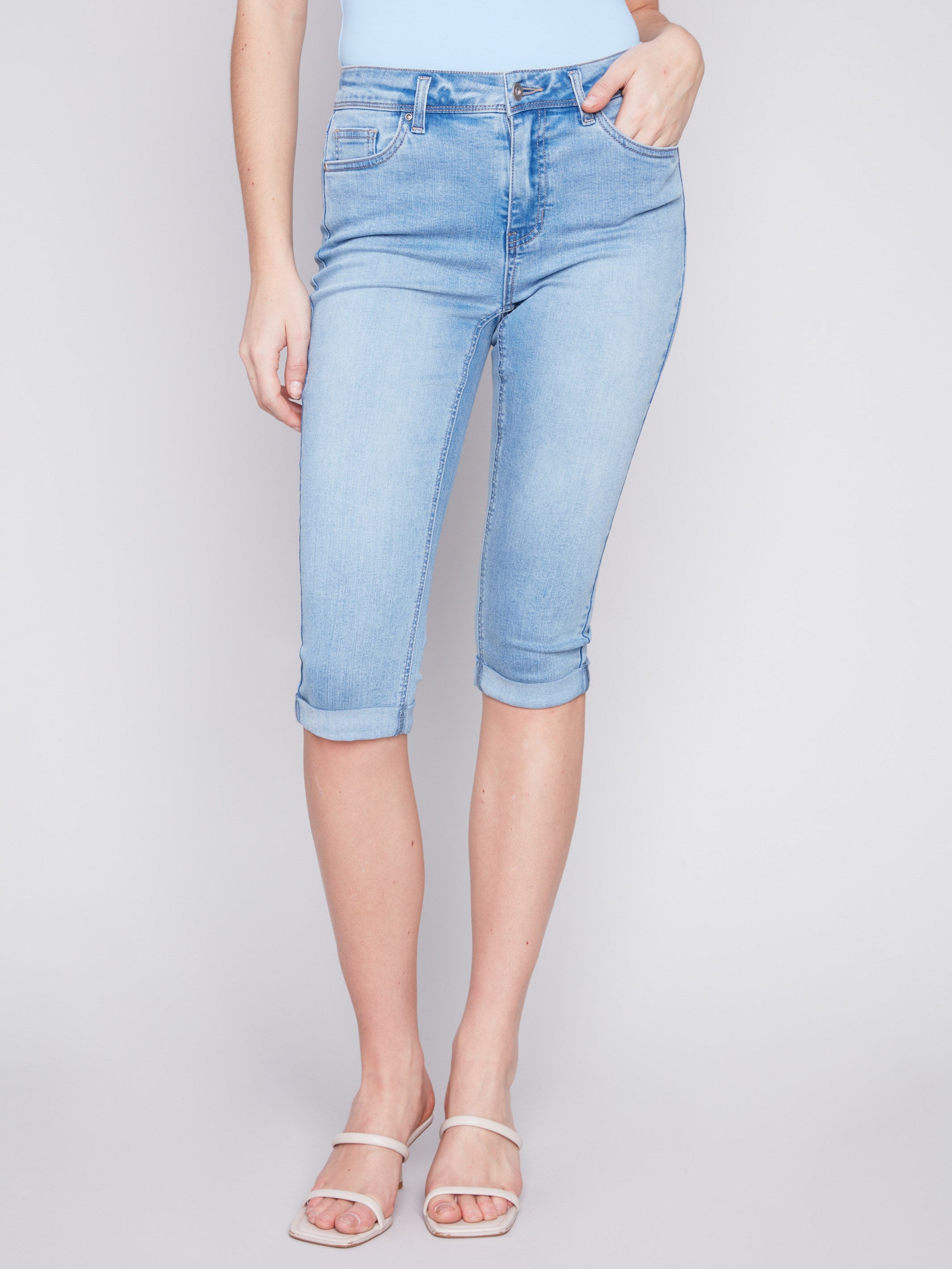 Stretch Denim Pedal Pusher Pants - Light Blue - Charlie B Collection Canada - Image 3