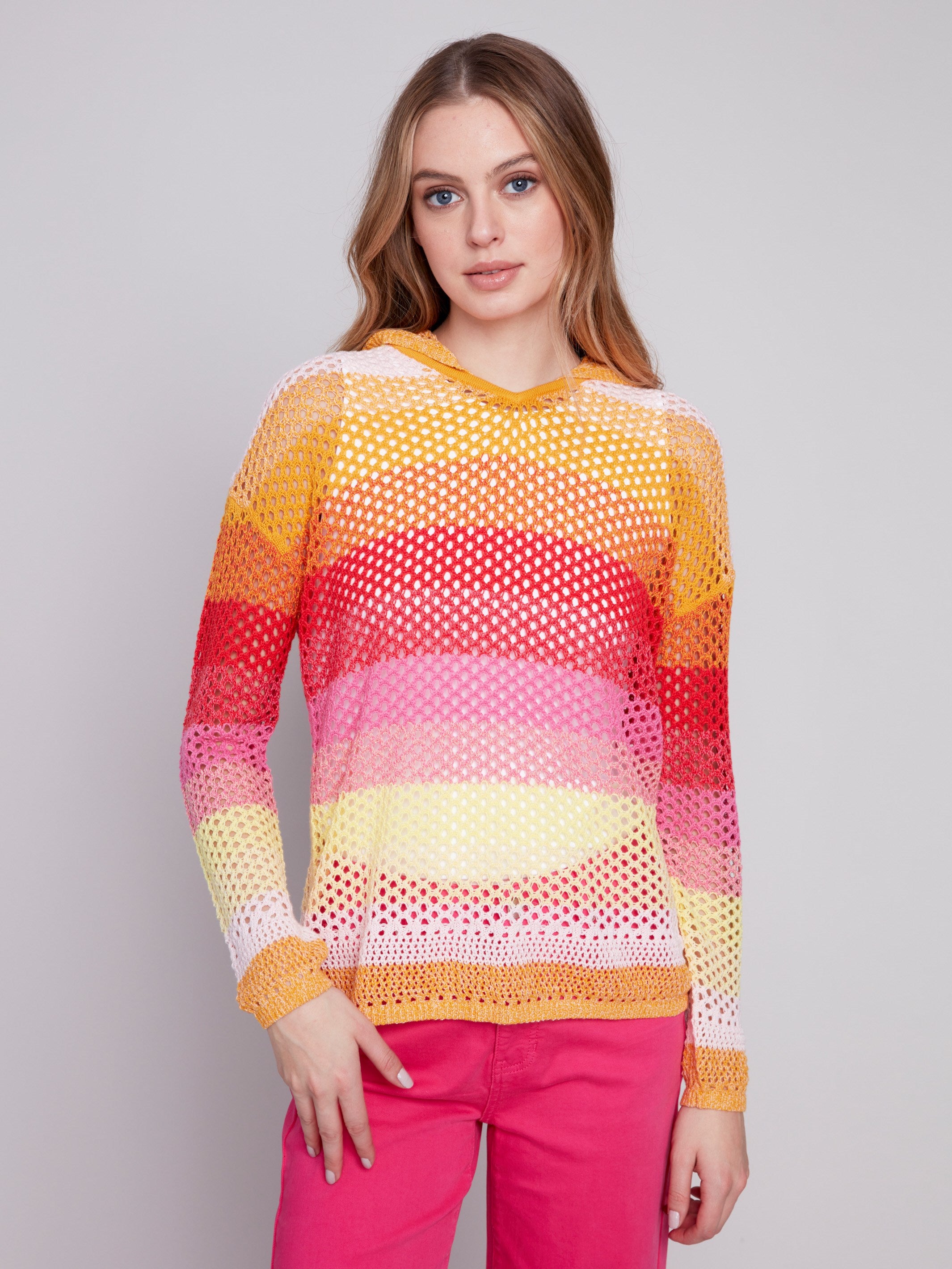 Striped Fishnet Crochet Hoodie Sweater - Punch - Charlie B Collection Canada - Image 1