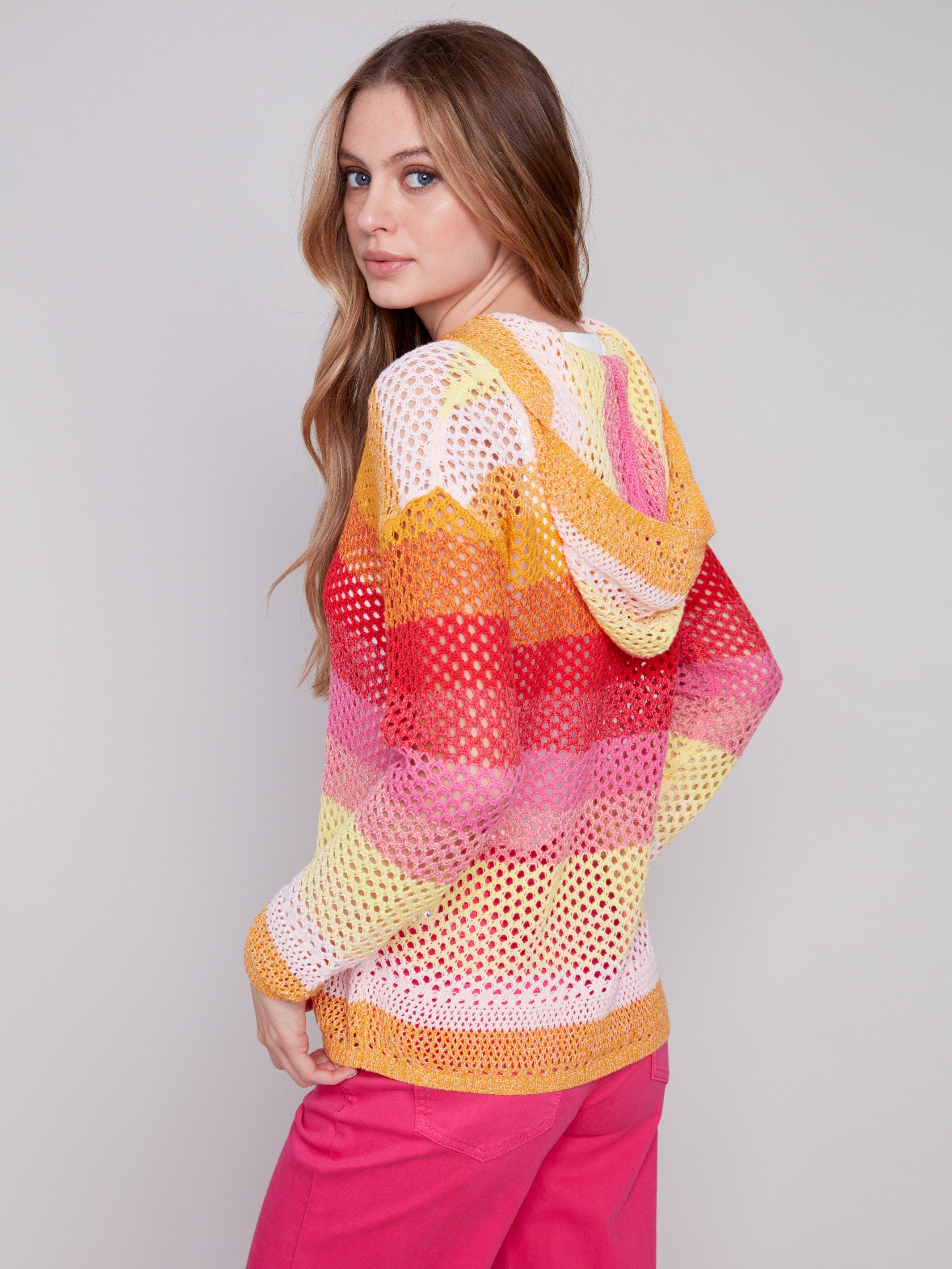 Striped Fishnet Crochet Hoodie Sweater - Punch - Charlie B Collection Canada - Image 2