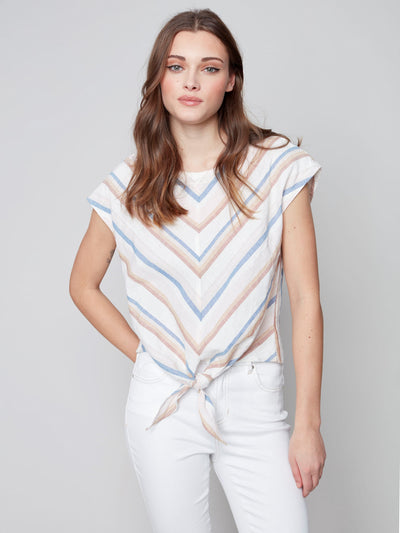 Striped Front Tie Linen Top - Peony - C4271 Charlie B Collection Canada 1