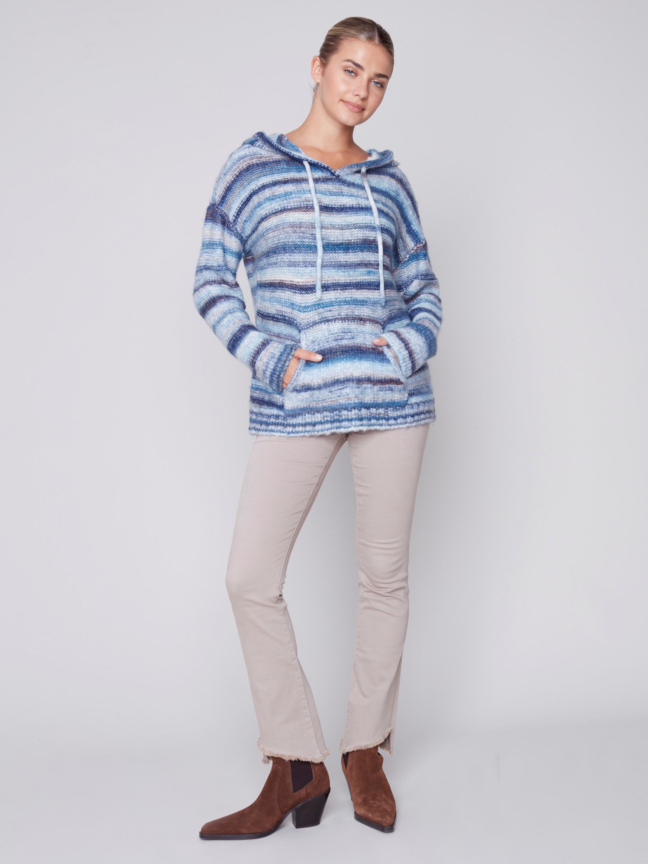Striped Hooded Sweater with Kangaroo Pocket - Denim