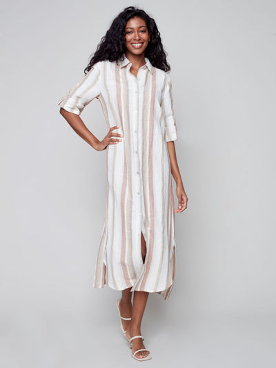 Striped Long Linen Blend Duster Dress - Clay - C3106 Charlie B Collection Canada