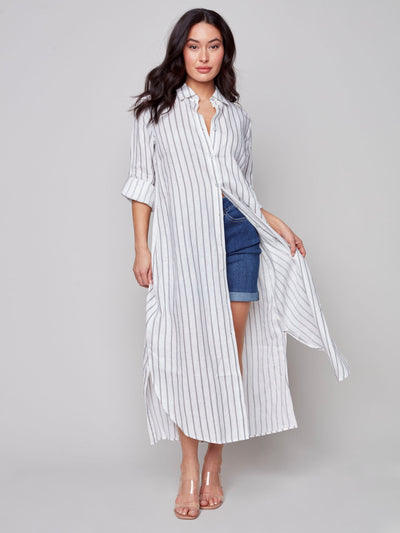 Striped Long Linen Duster Dress - Grey - C3106 Charlie B Collection Canada 5