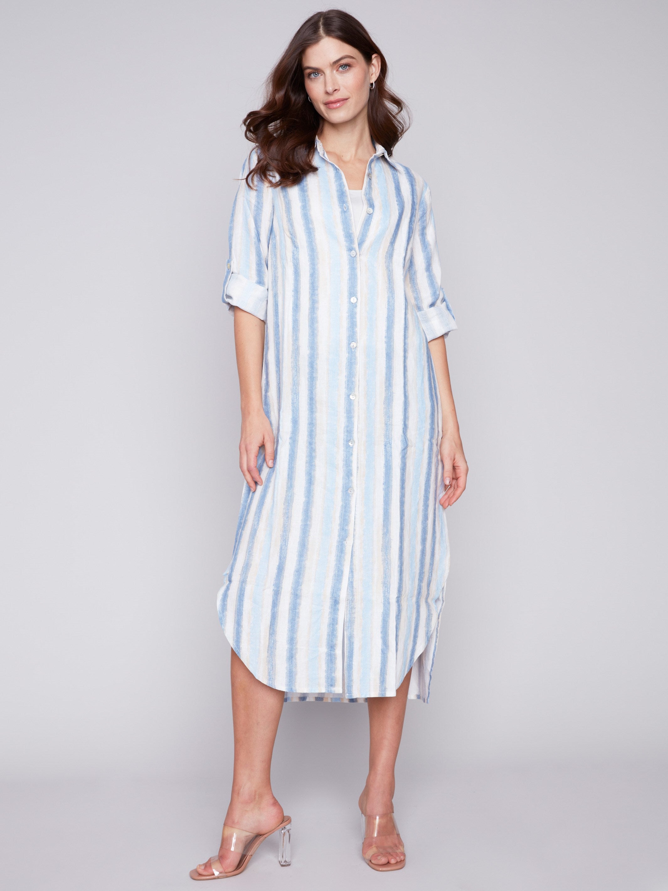 Striped Long Linen Tunic Dress - Nautical - Charlie B Collection Canada - Image 1