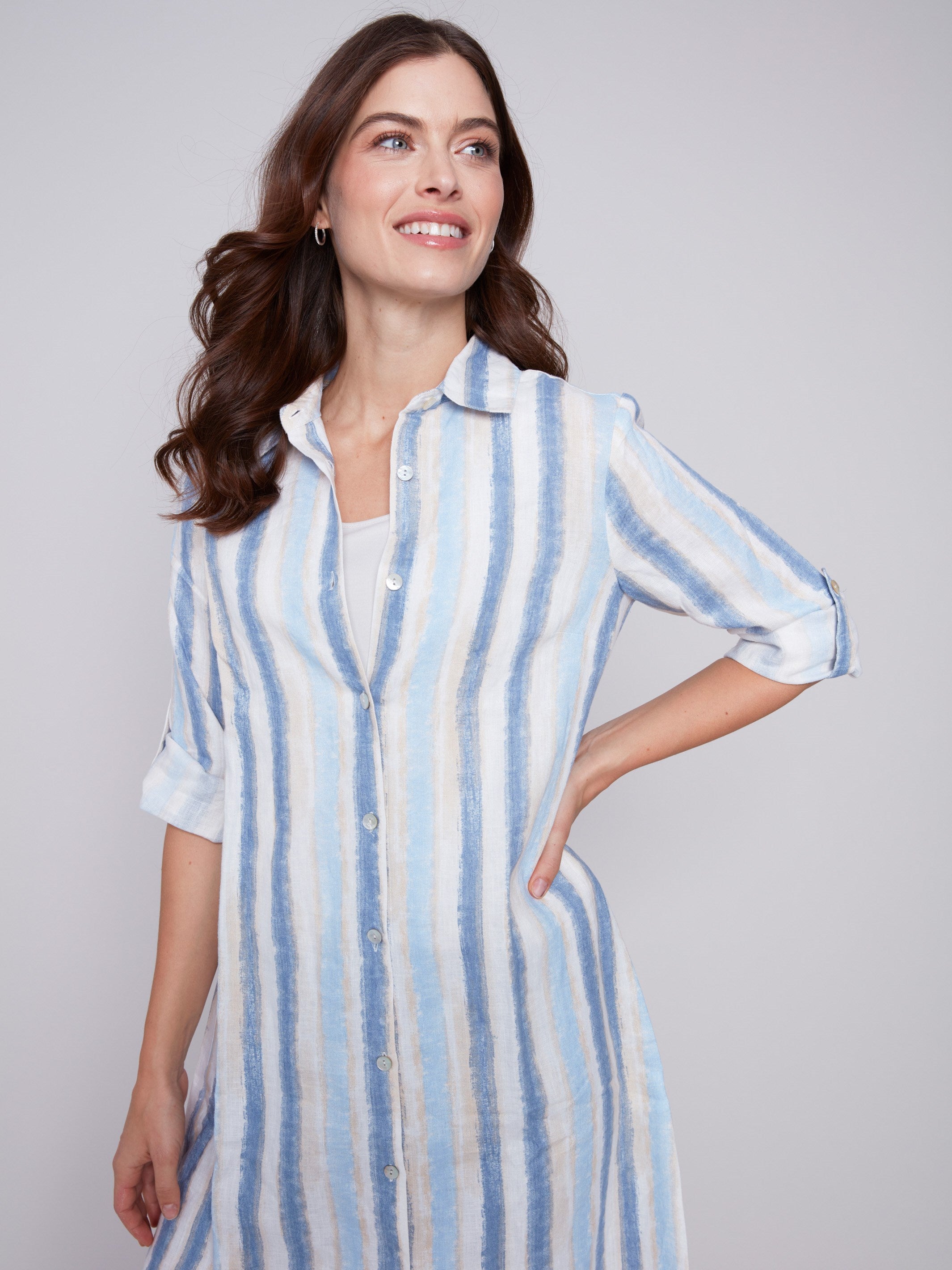 Striped Long Linen Tunic Dress - Nautical - Charlie B Collection Canada - Image 4