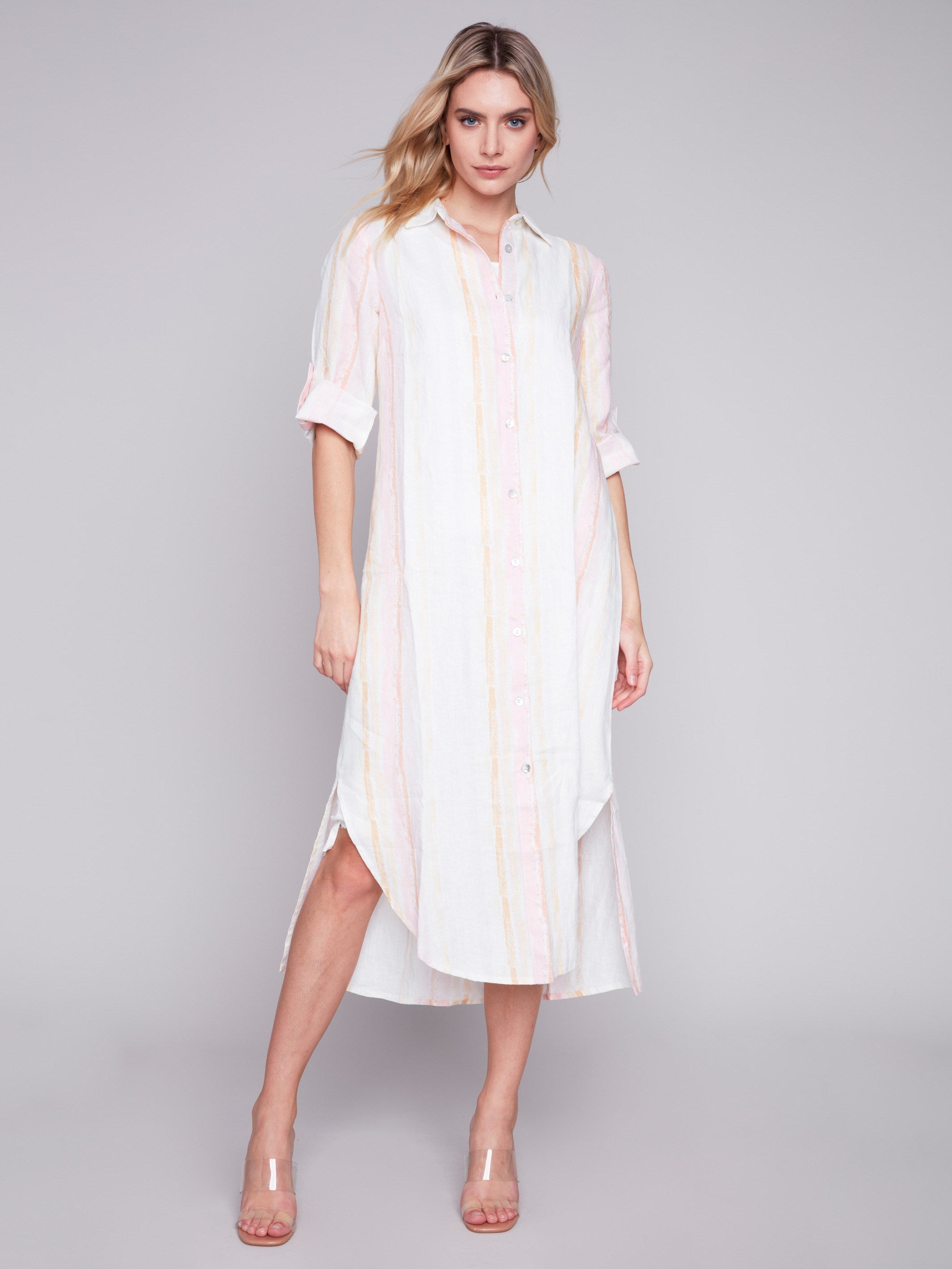 Striped Long Linen Tunic Dress - Tulip - Charlie B Collection Canada - Image 1