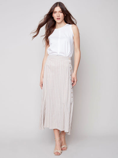 Striped Long Skirt with Side Buttons - Natural - C7066 Charlie B Collection Canada