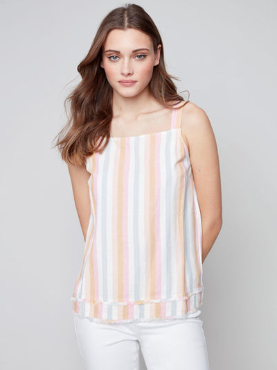 Striped Square Neck Linen-Blend Cami - Banana - C4484 Charlie B Collection Canada