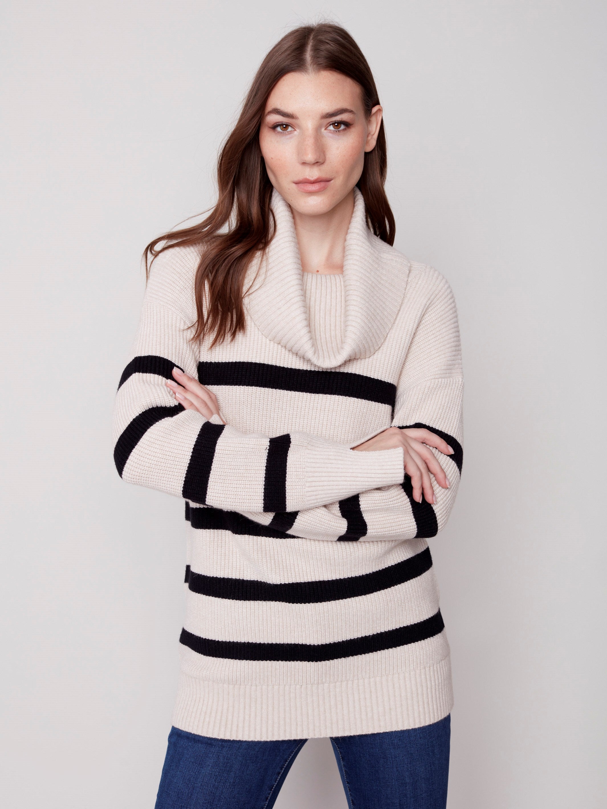 Striped Sweater with Cowl Neck - Almond