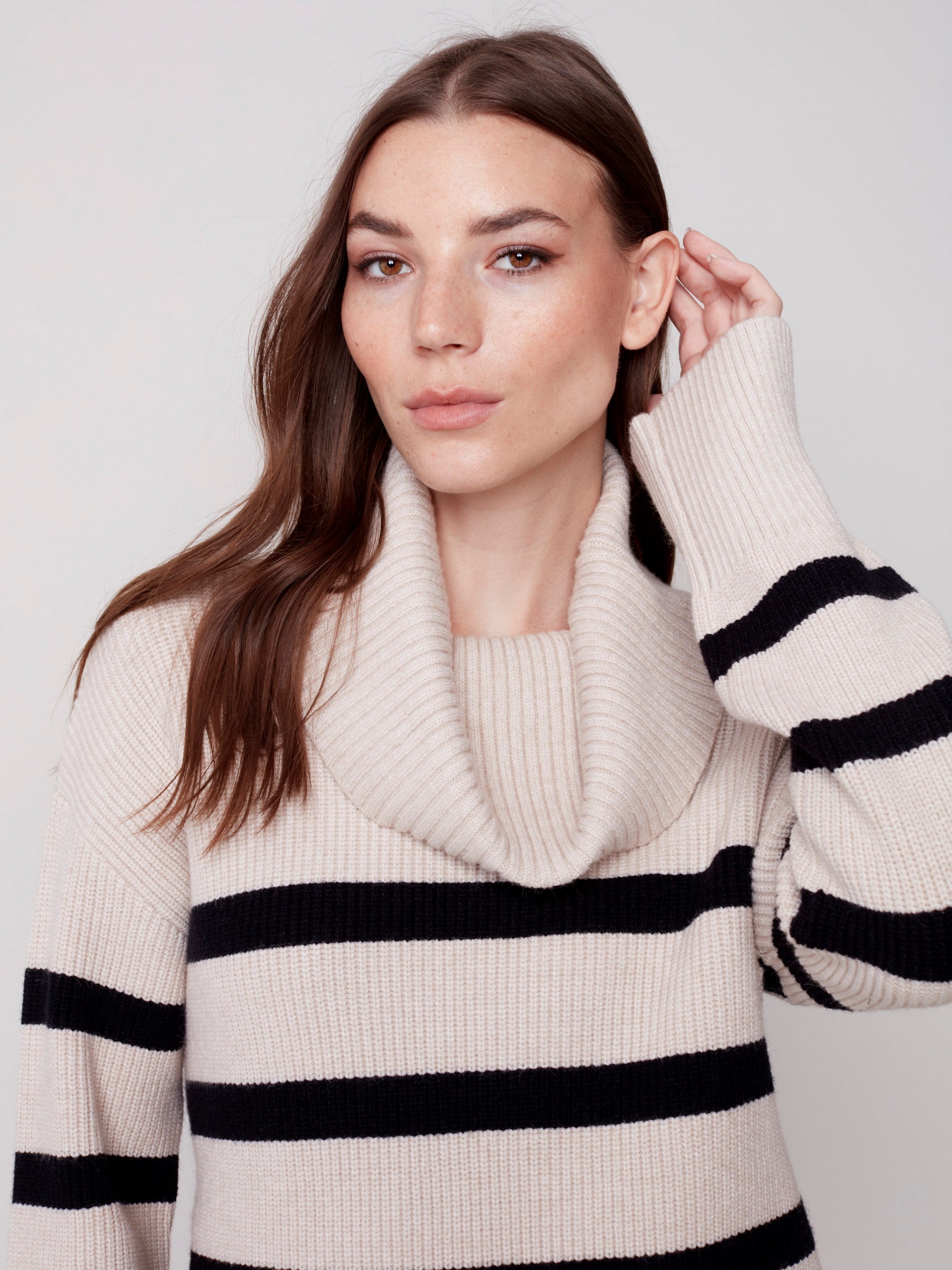 Striped Sweater with Cowl Neck - Almond