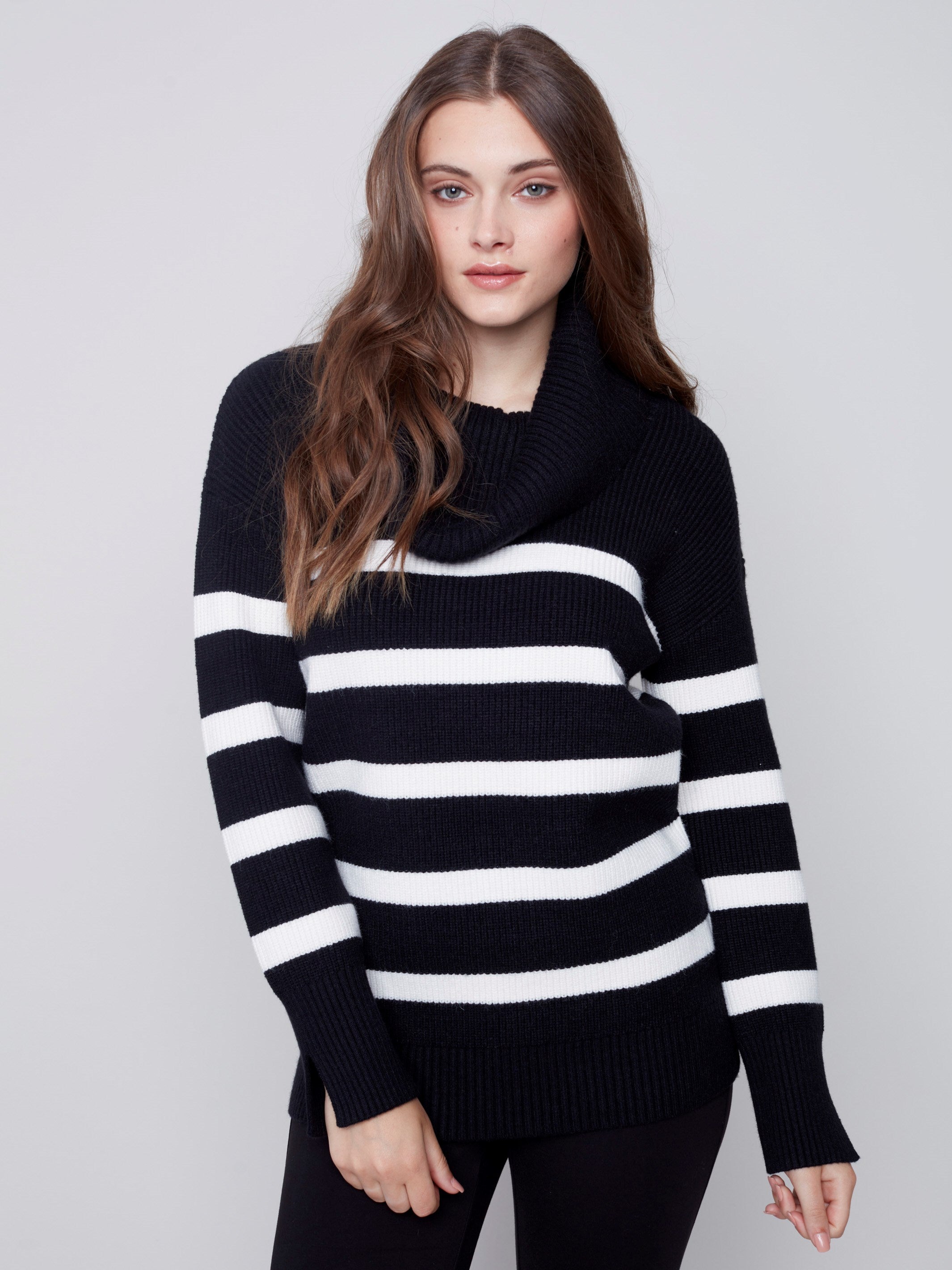 Striped Sweater with Cowl Neck - Black