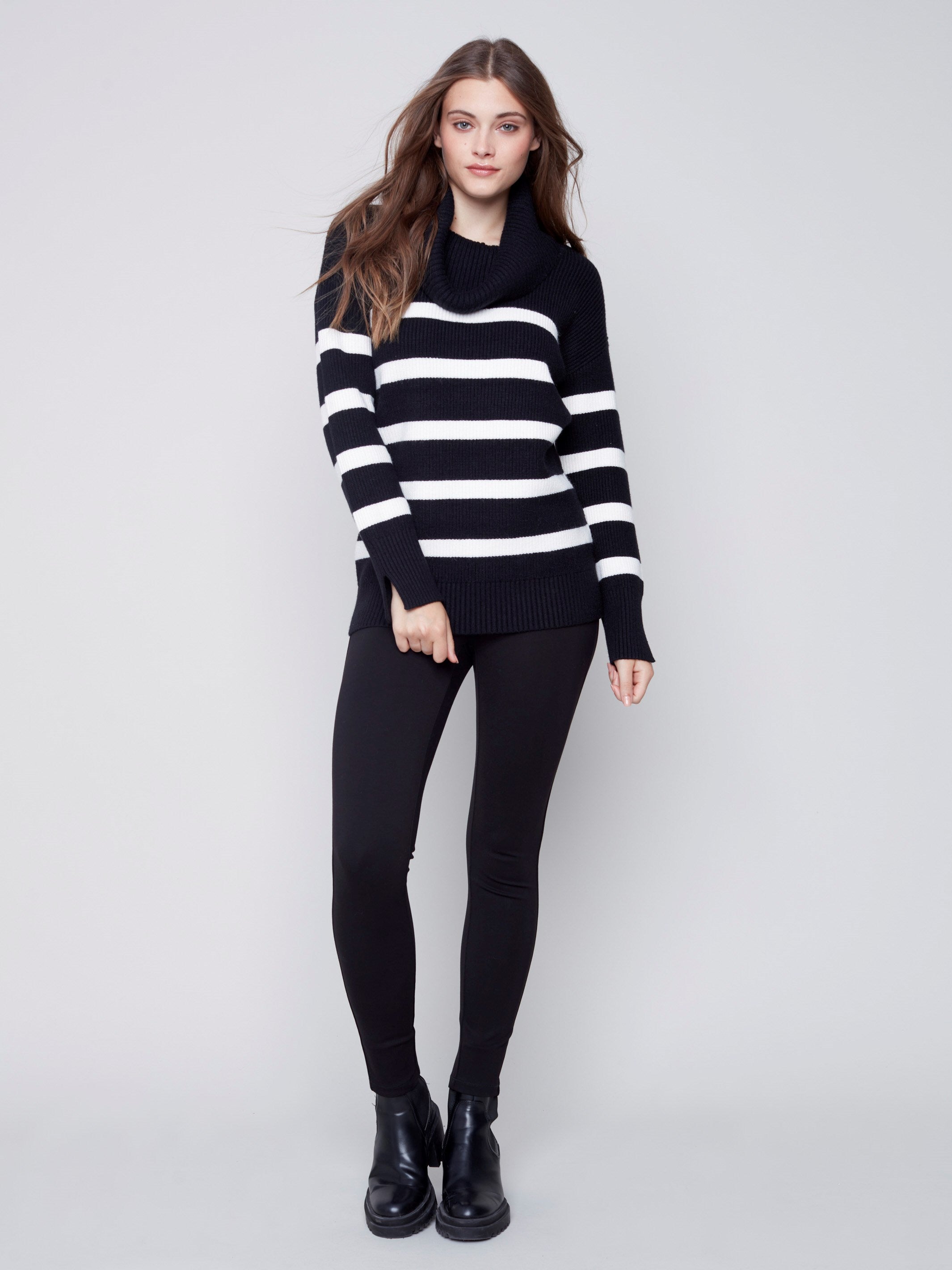 Striped Sweater with Cowl Neck - Black