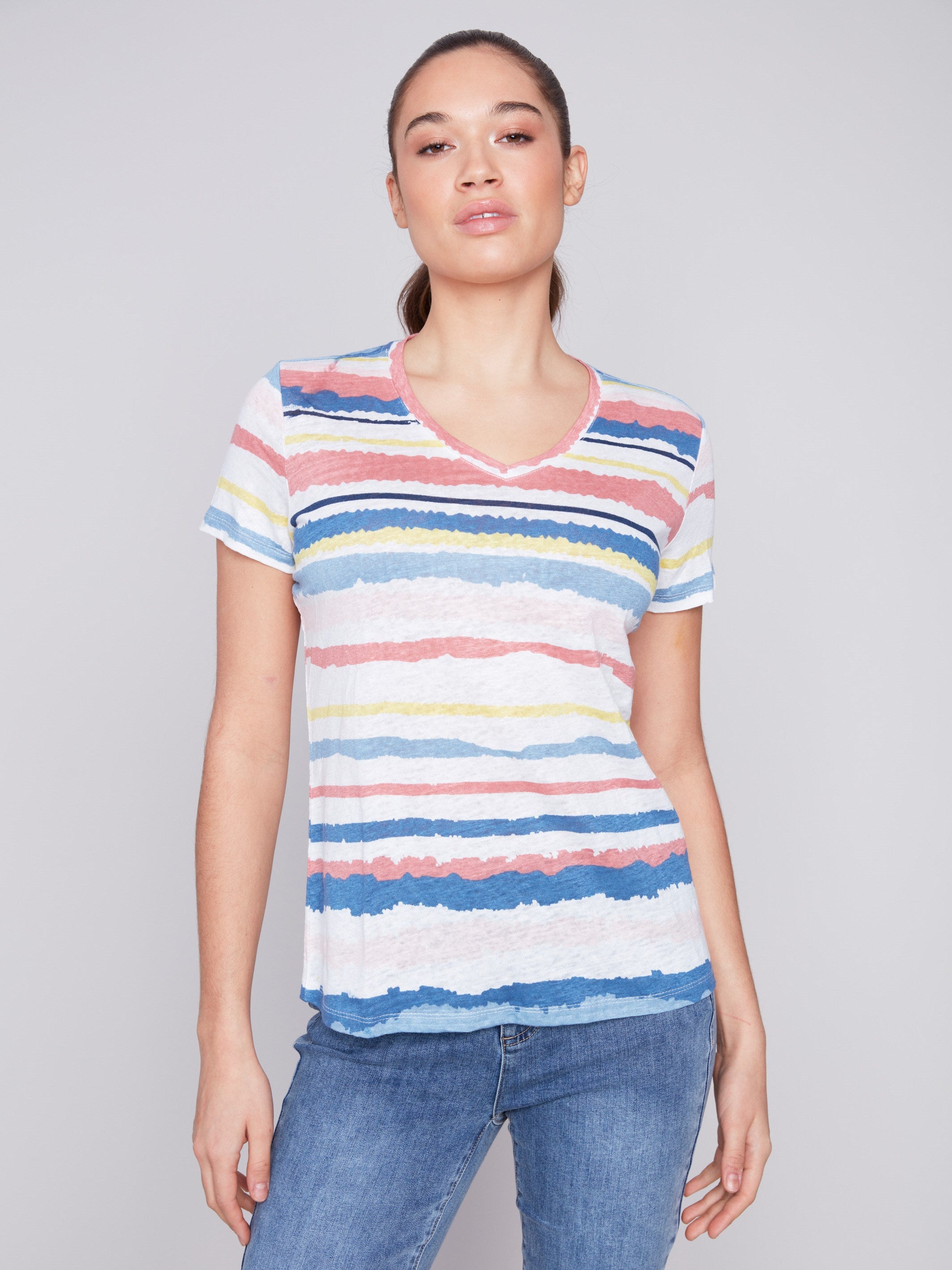 Striped V-Neck Linen T-Shirt - Pastel - Charlie B Collection Canada - Image 1