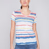 Striped V-Neck Linen T-Shirt - Pastel - Charlie B Collection Canada - Image 1