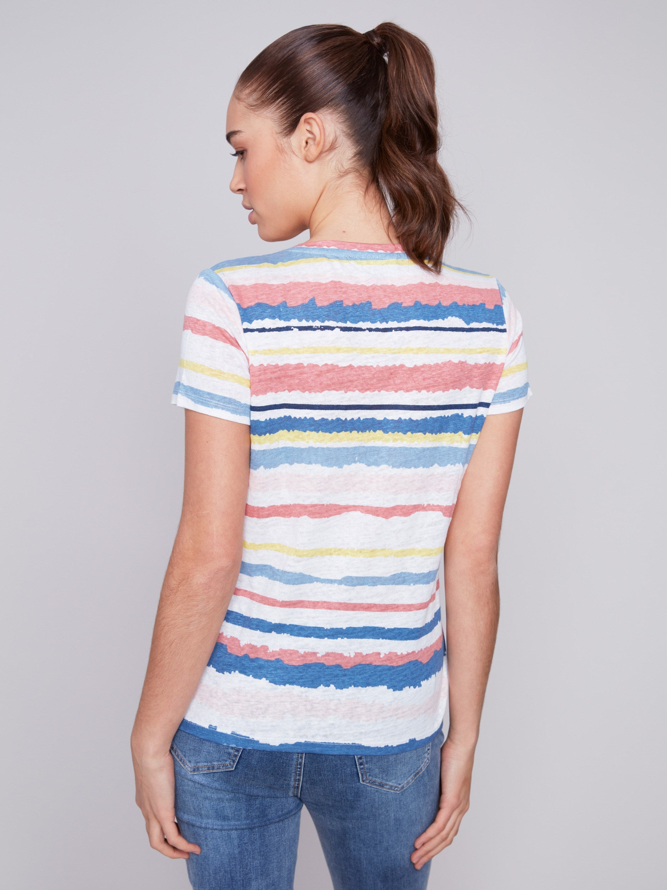 Striped V-Neck Linen T-Shirt - Pastel - Charlie B Collection Canada - Image 2