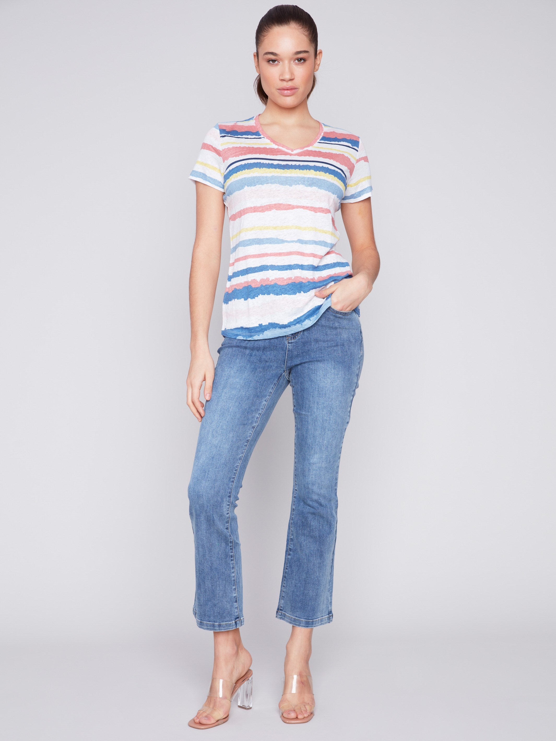Striped V-Neck Linen T-Shirt - Pastel - Charlie B Collection Canada - Image 3