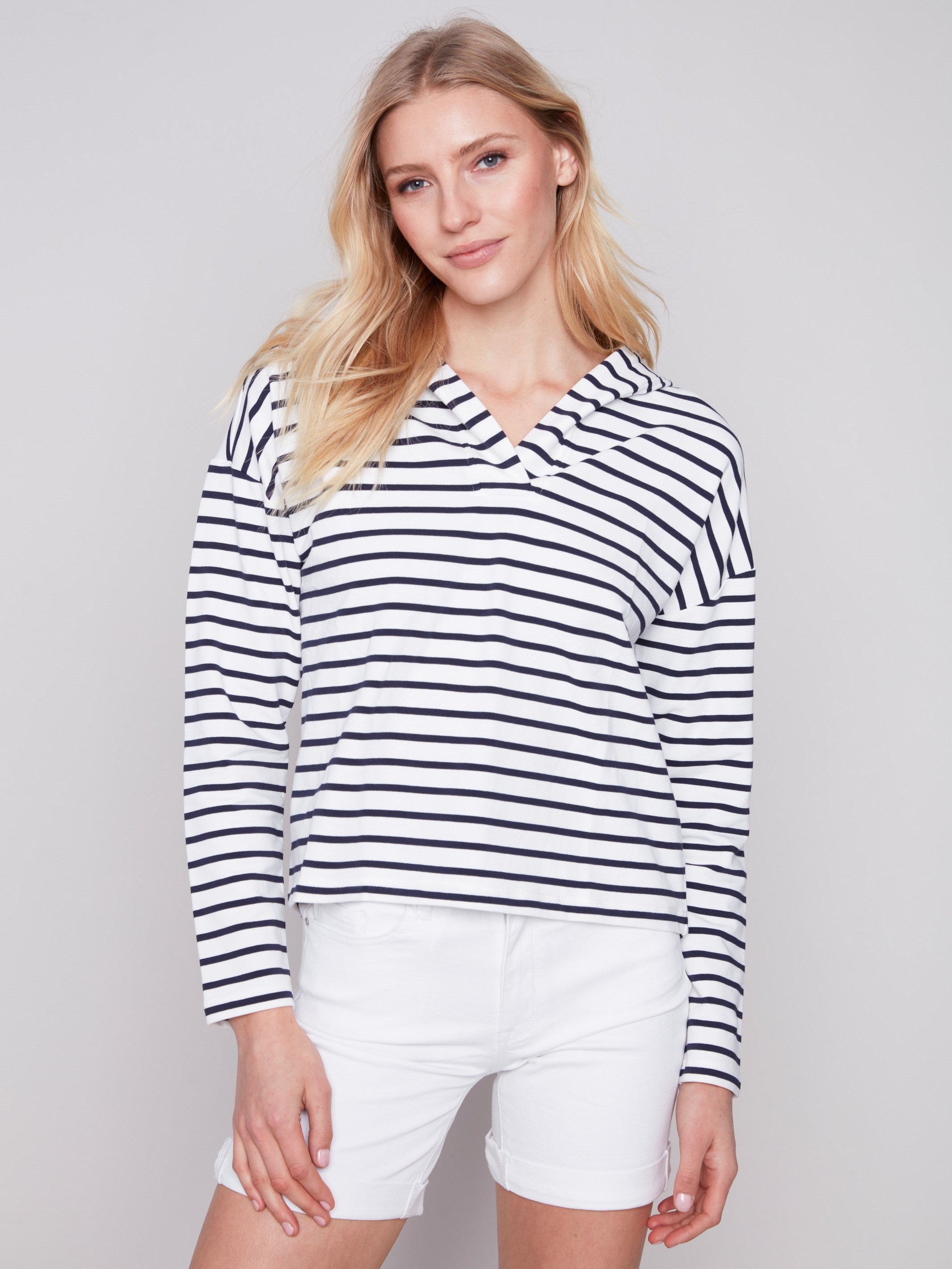 Striped V-Neck Top - Navy - Charlie B Collection Canada - Image 1
