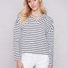 Striped V-Neck Top - Navy - Charlie B Collection Canada - Image 1