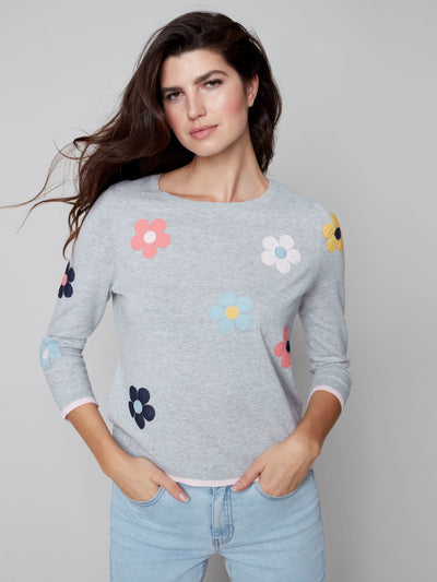 Sweater with Daisies - Light Grey - C2501 Charlie B Collection Canada