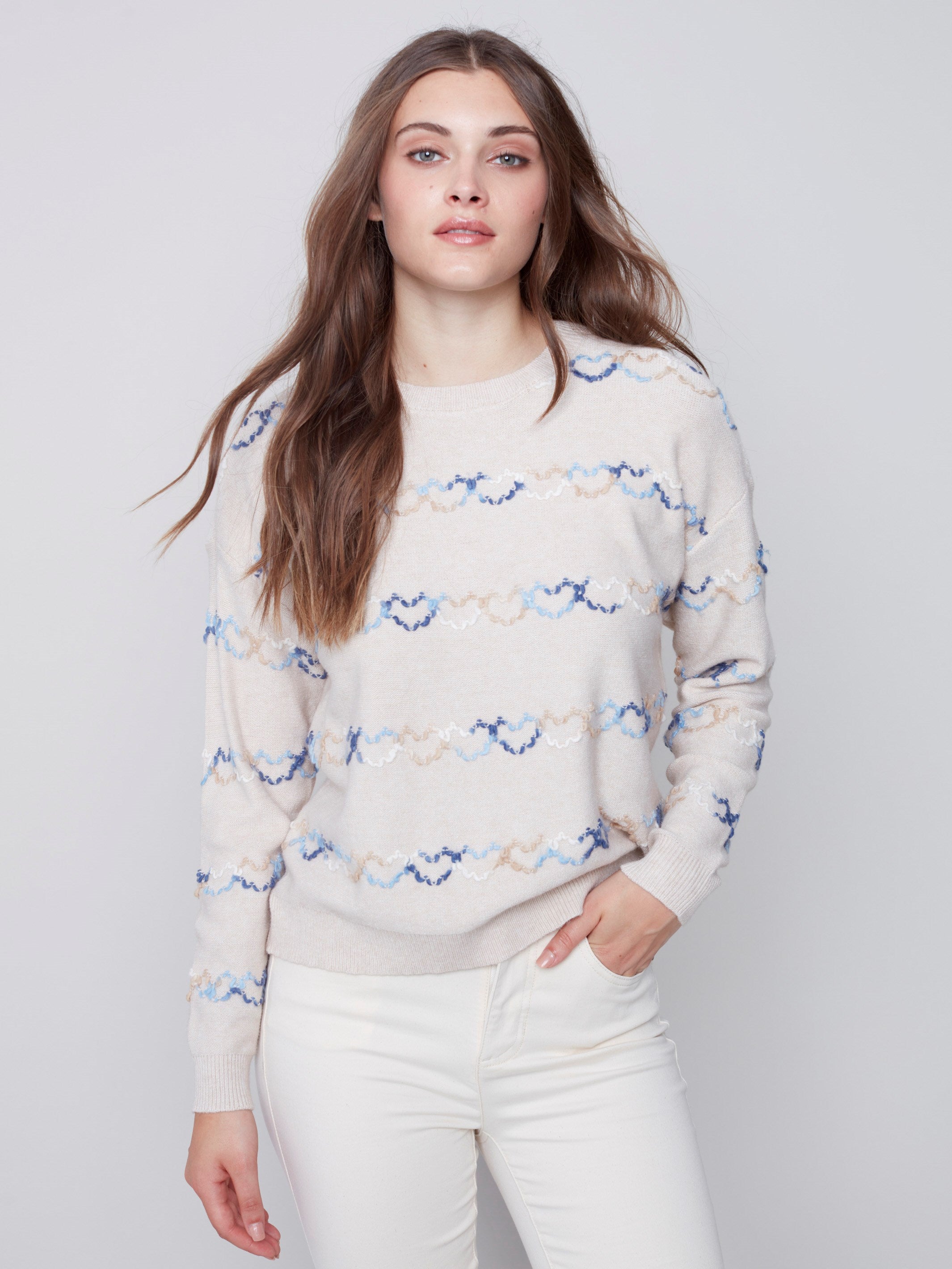 Sweater with Embroidered Hearts - Almond