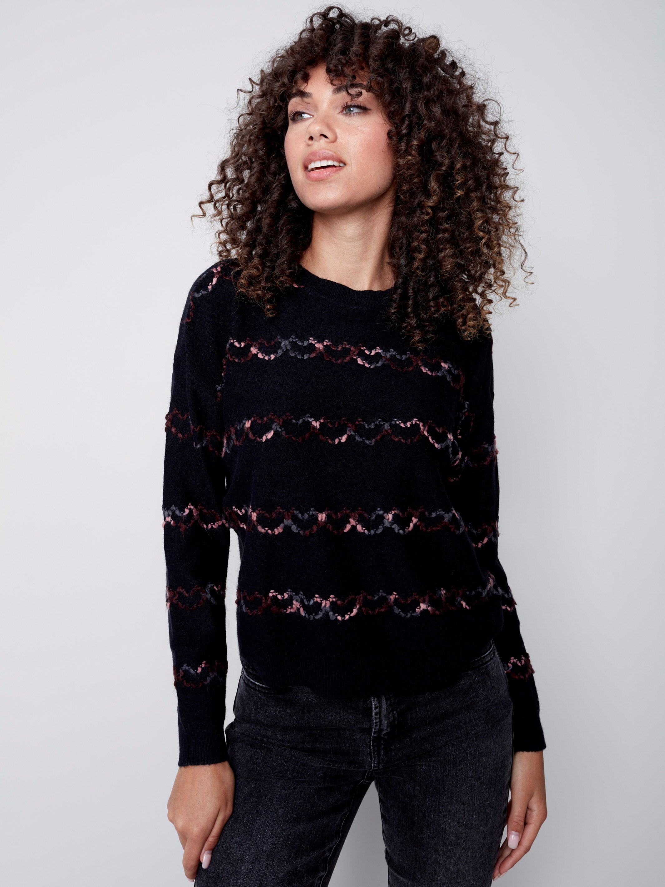 Sweater with Embroidered Hearts - Black