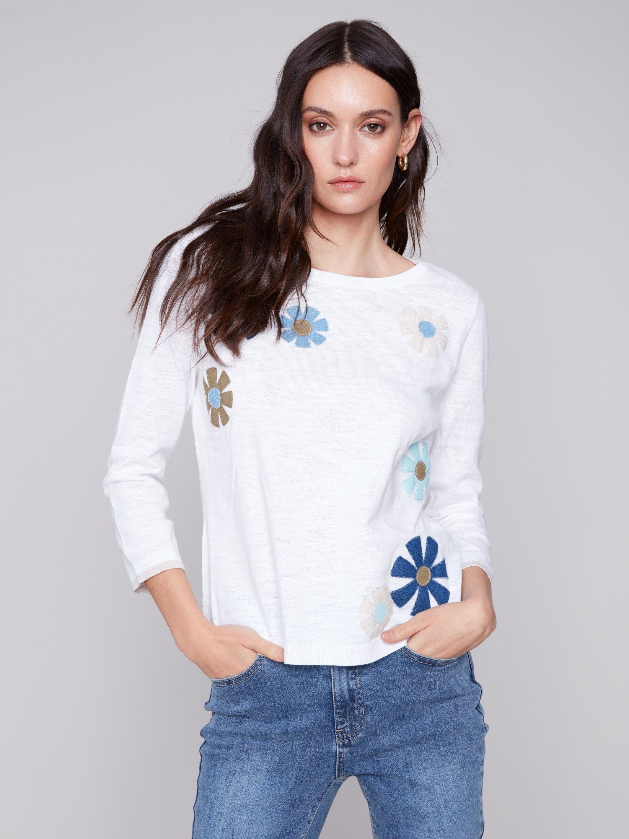 Sweater with Flower Patches - White - Charlie B Collection Canada - Image 1