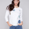 Sweater with Flower Patches - White - Charlie B Collection Canada - Image 1