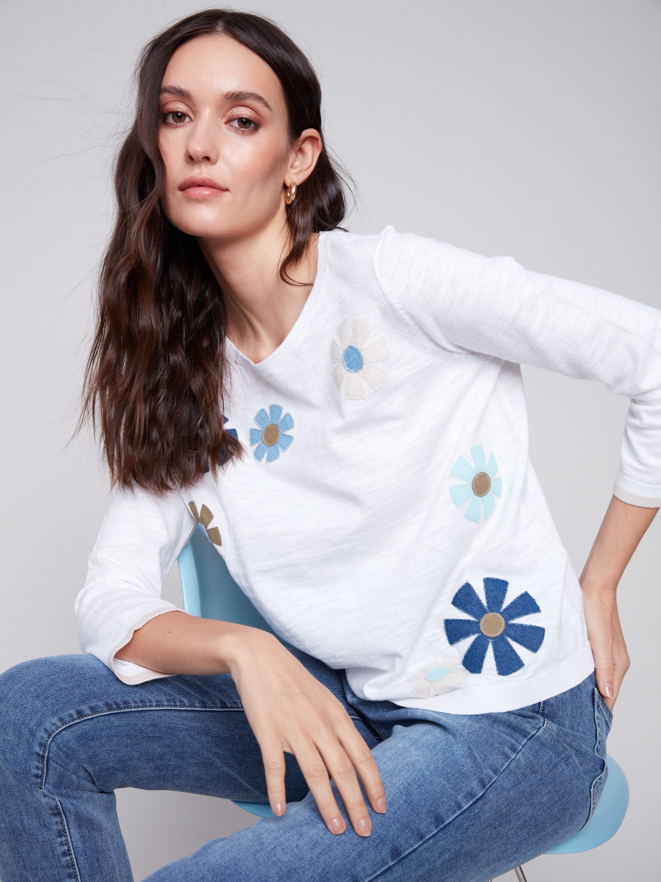 Sweater with Flower Patches - White - Charlie B Collection Canada - Image 2