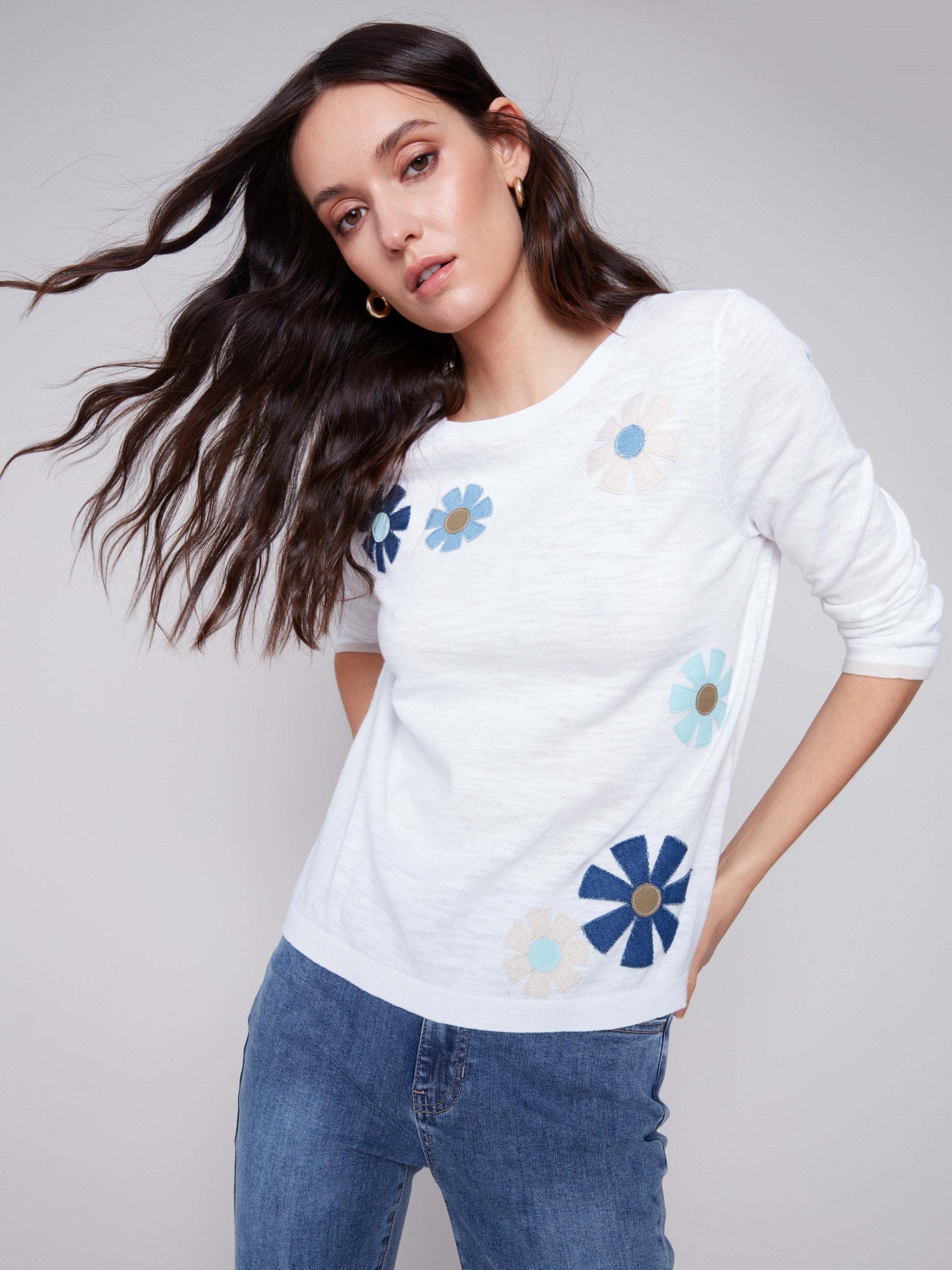 Sweater with Flower Patches - White - Charlie B Collection Canada - Image 4