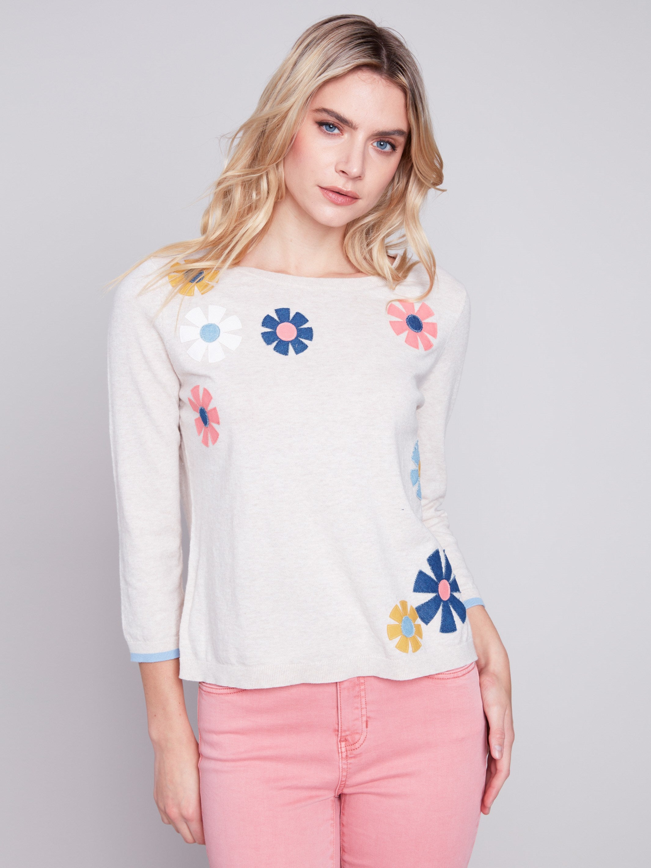 Sweater with Flower Patches - Beige - Charlie B Collection Canada - Image 1
