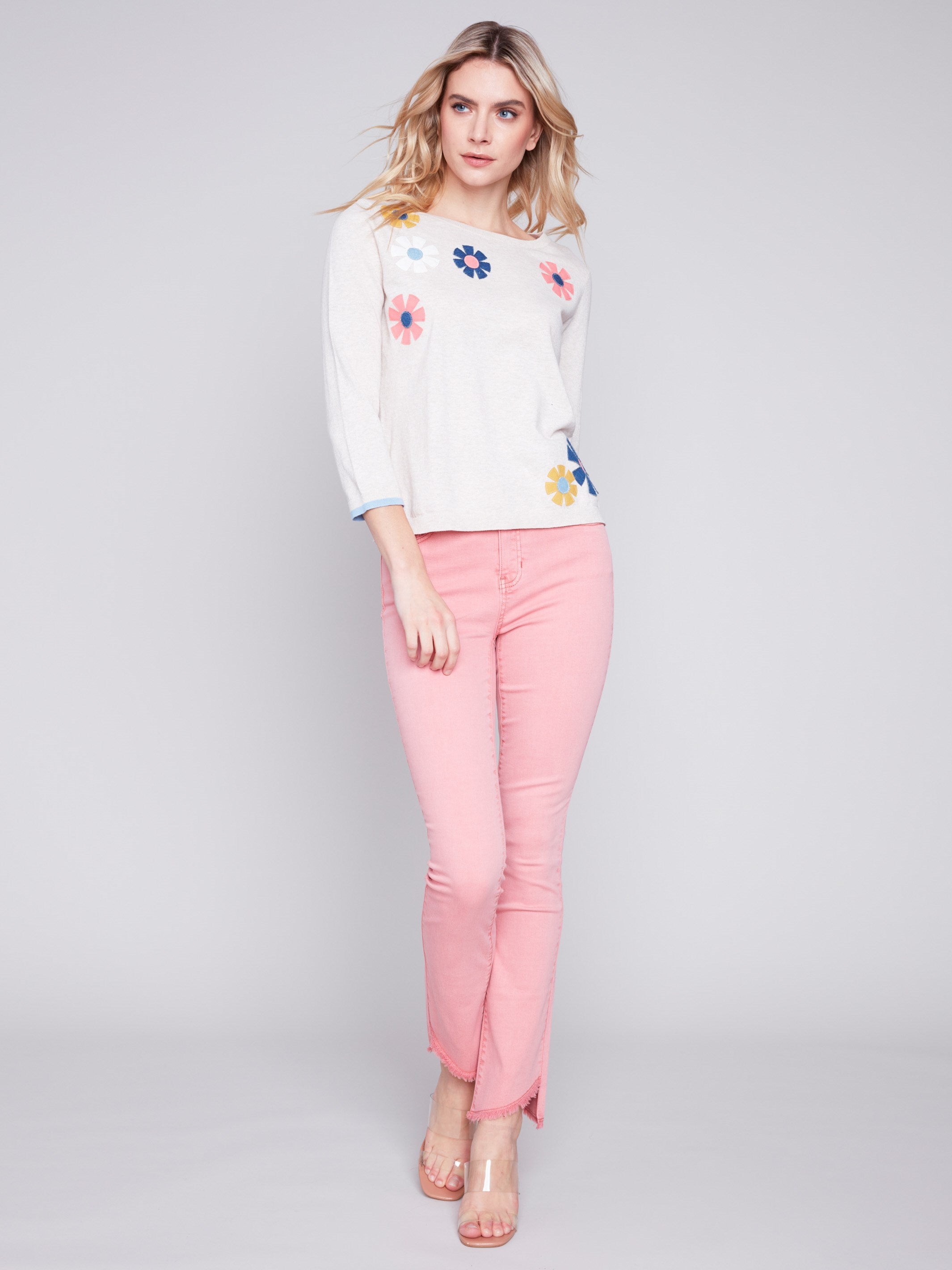 Sweater with Flower Patches - Beige - Charlie B Collection Canada - Image 2