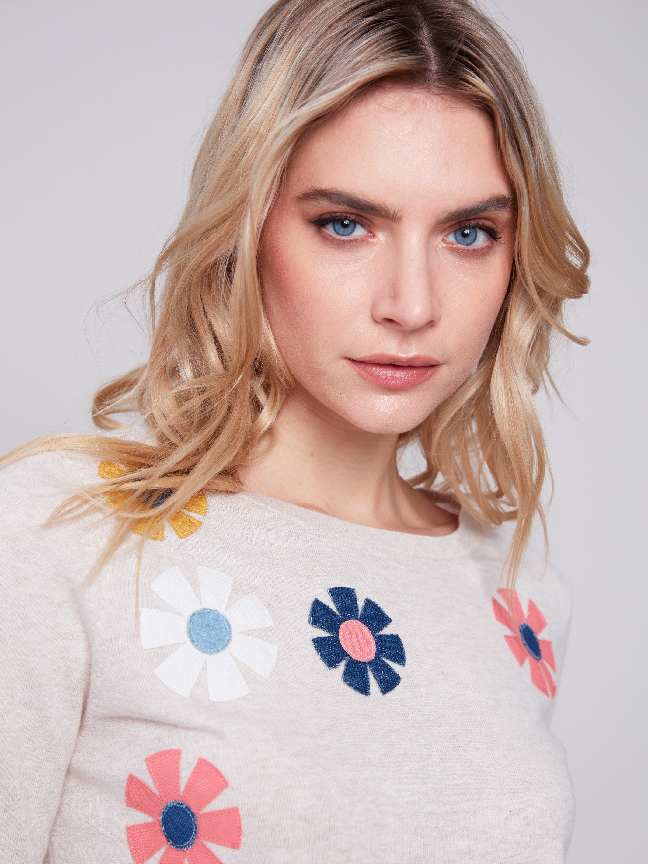 Sweater with Flower Patches - Beige - Charlie B Collection Canada - Image 3