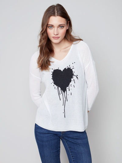 Sweater With Leaking Heart Print - White - C2513 Charlie B Collection Canada