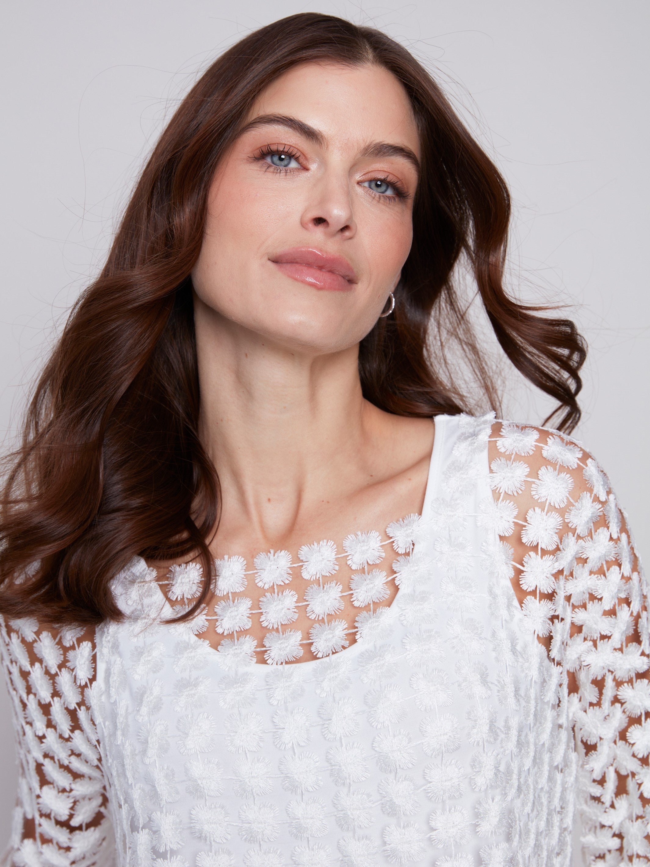 Textured Crochet Flower Top - White - Charlie B Collection Canada - Image 4