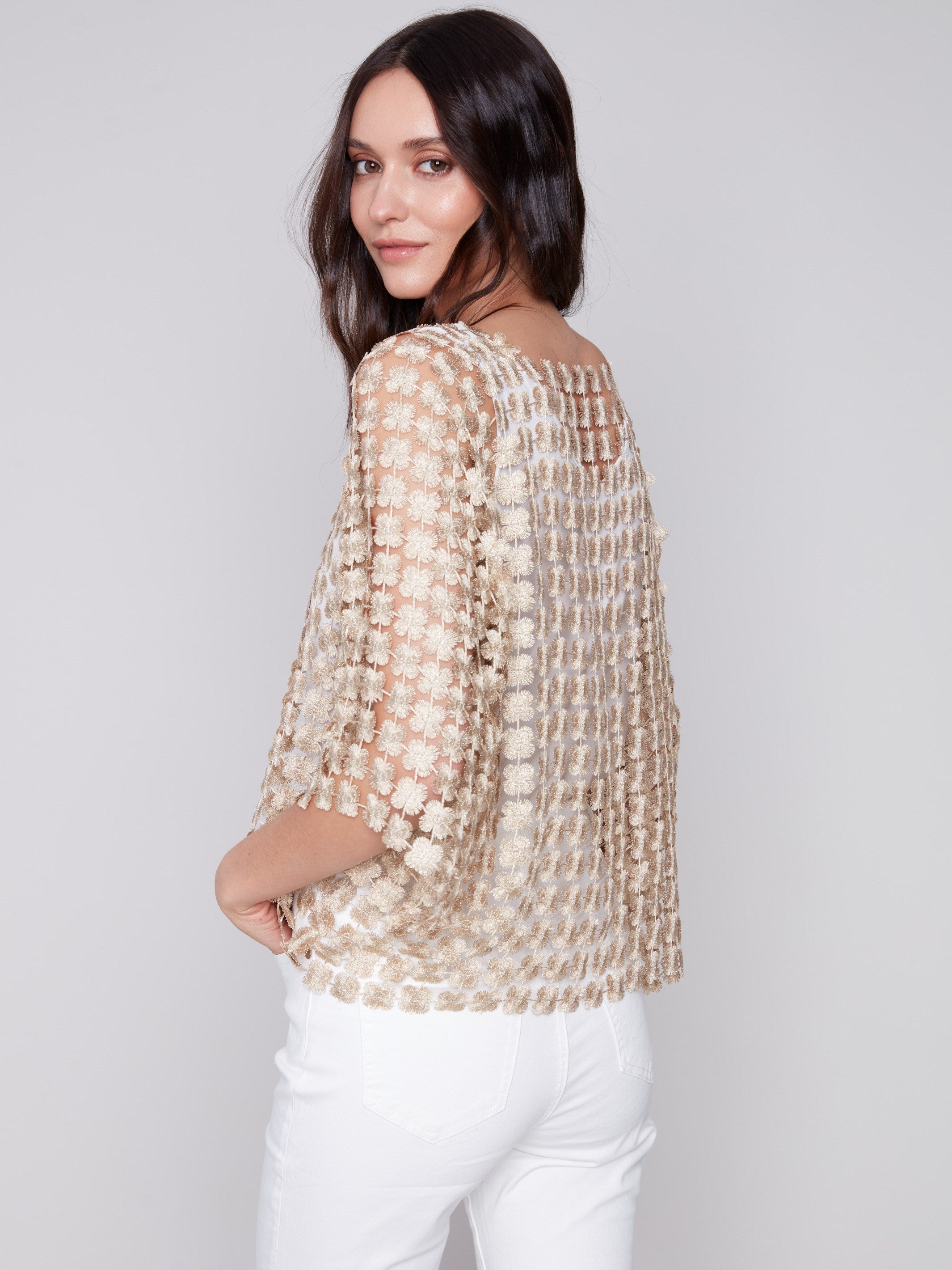 Textured Crochet Flower Top - Gold - Charlie B Collection Canada - Image 2