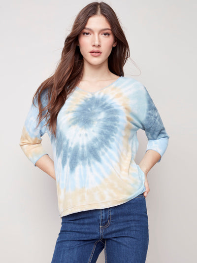 Tie-Dye Knit Top with V-Neck - Azul - C1264 Charlie B Collection Canada