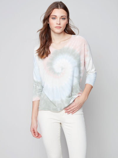 Tie-Dye Knit Top with V-Neck - Celadon - C1264 Charlie B Collection Canada