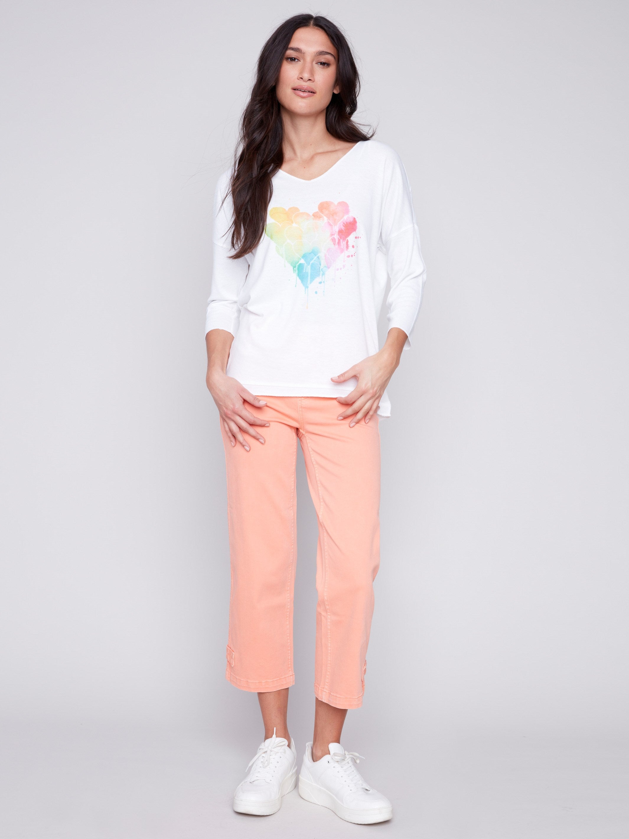 Tie Dye V-Neck Knit Top - White - Charlie B Collection Canada - Image 2