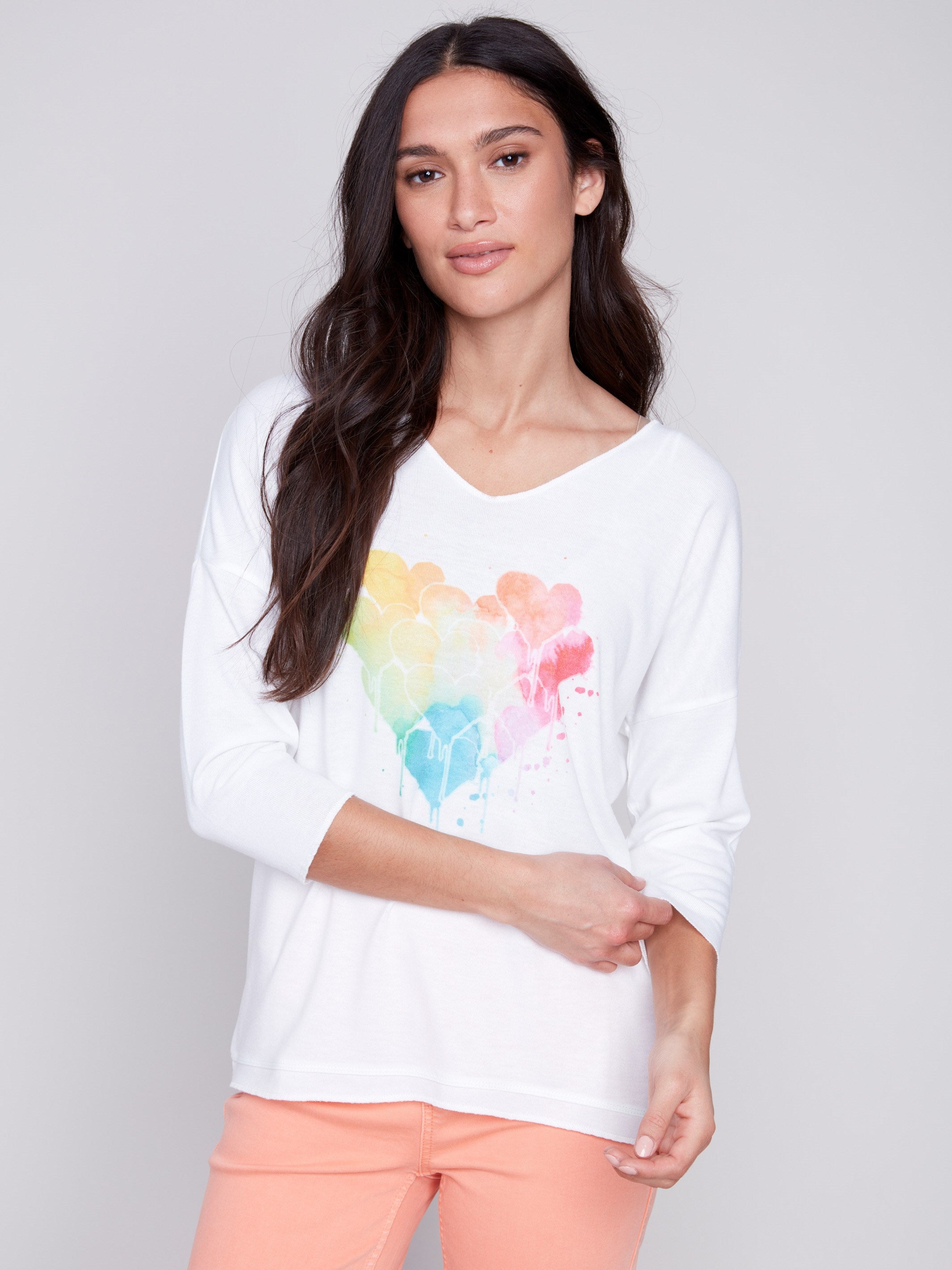 Tie Dye V-Neck Knit Top - White - Charlie B Collection Canada - Image 3