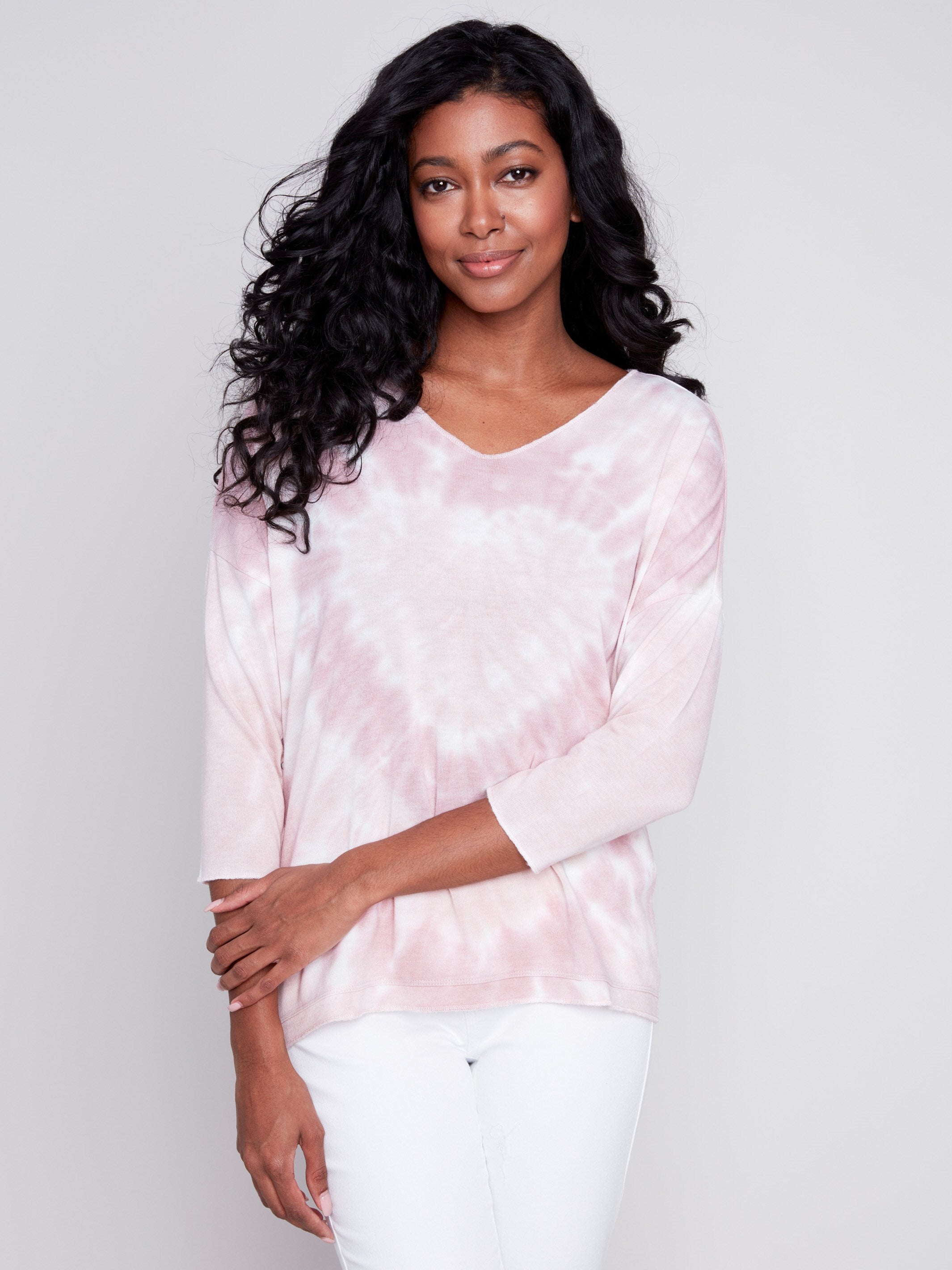 Tie Dye V-Neck Knit Top - Dusty Rose - Charlie B Collection Canada - Image 1