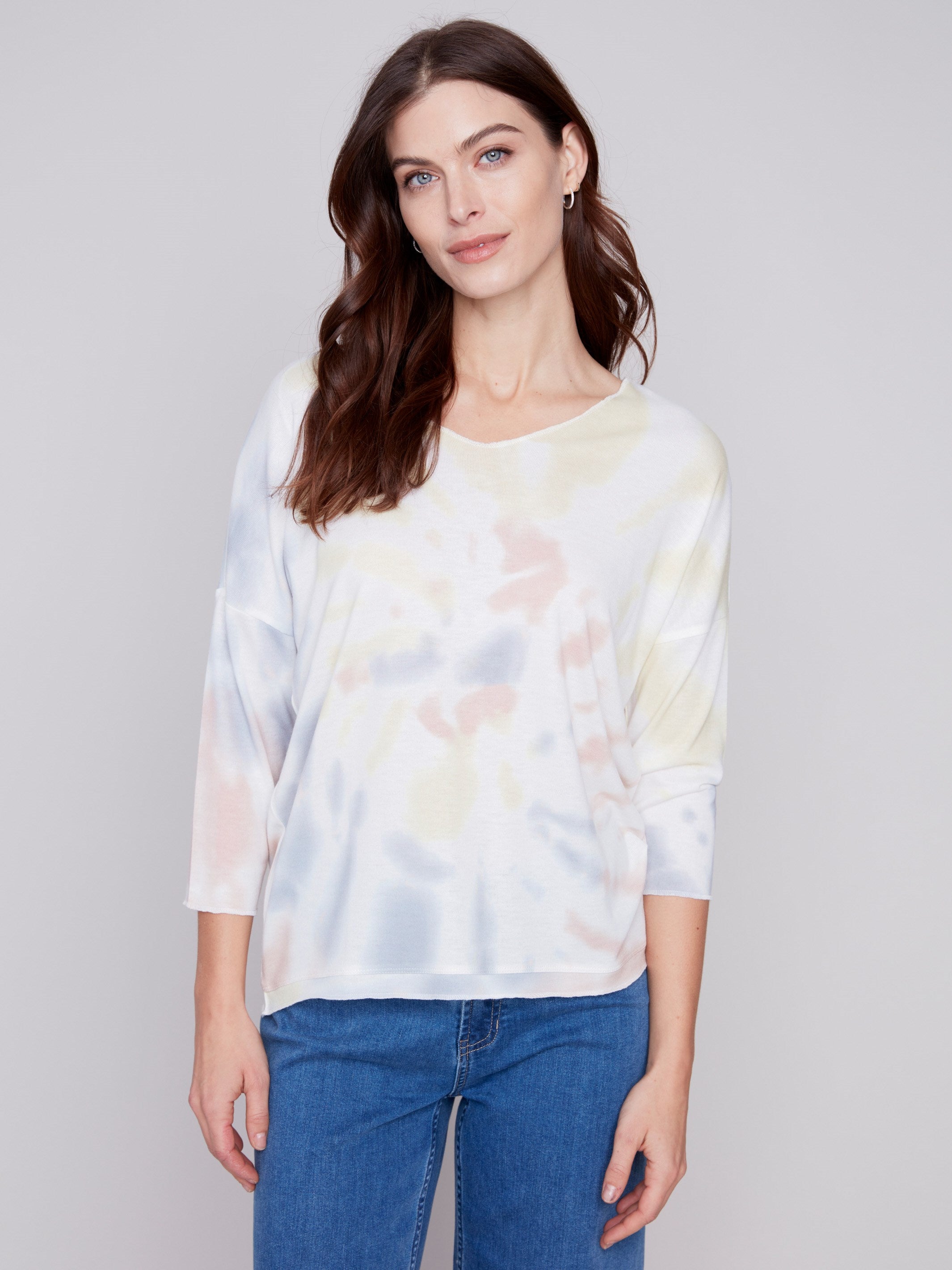 Tie Dye V-Neck Knit Top - Tulip - Charlie B Collection Canada - Image 1