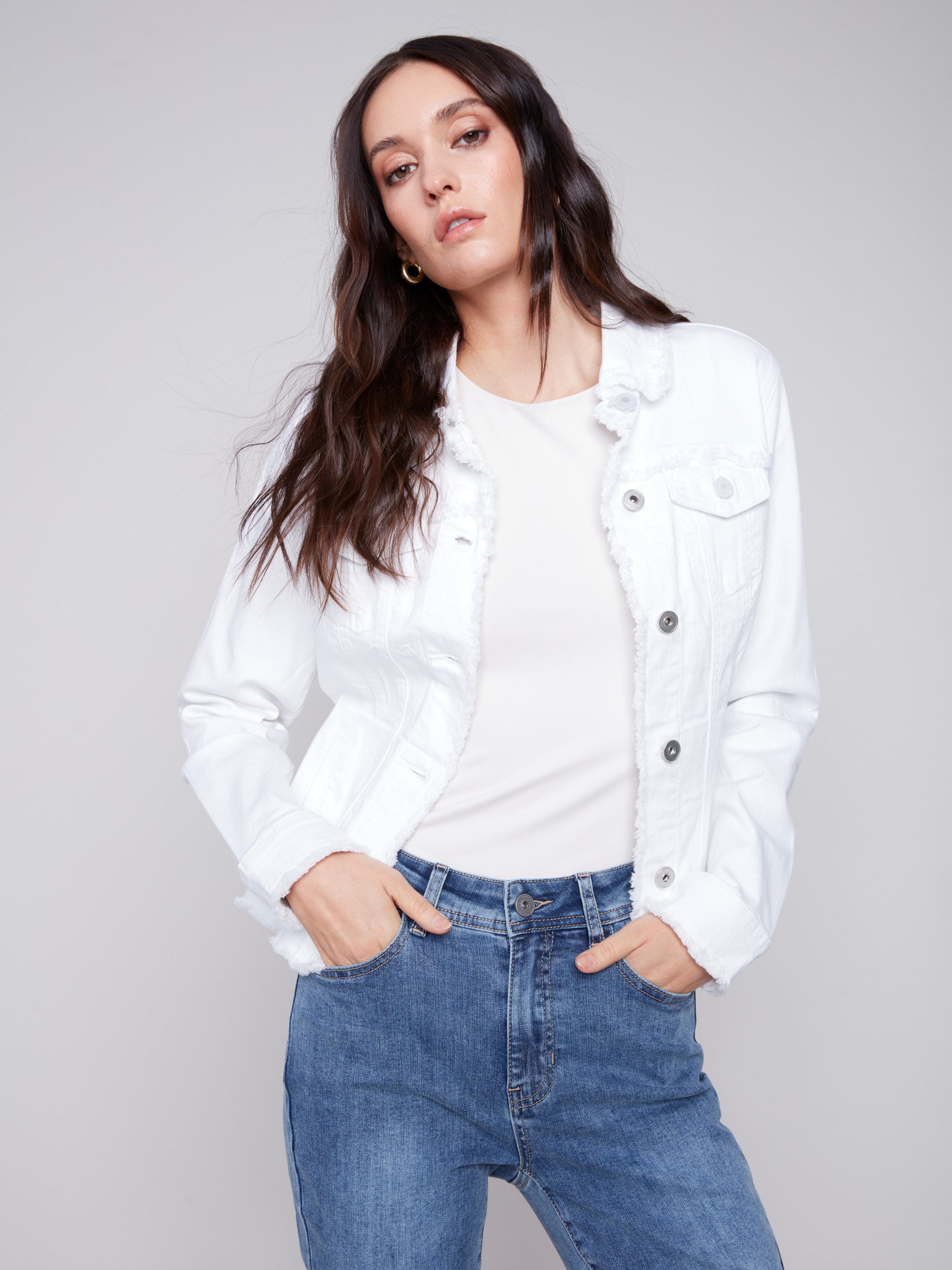 Twill Jean Jacket with Frayed Edges - White - Charlie B Collection Canada - Image 1