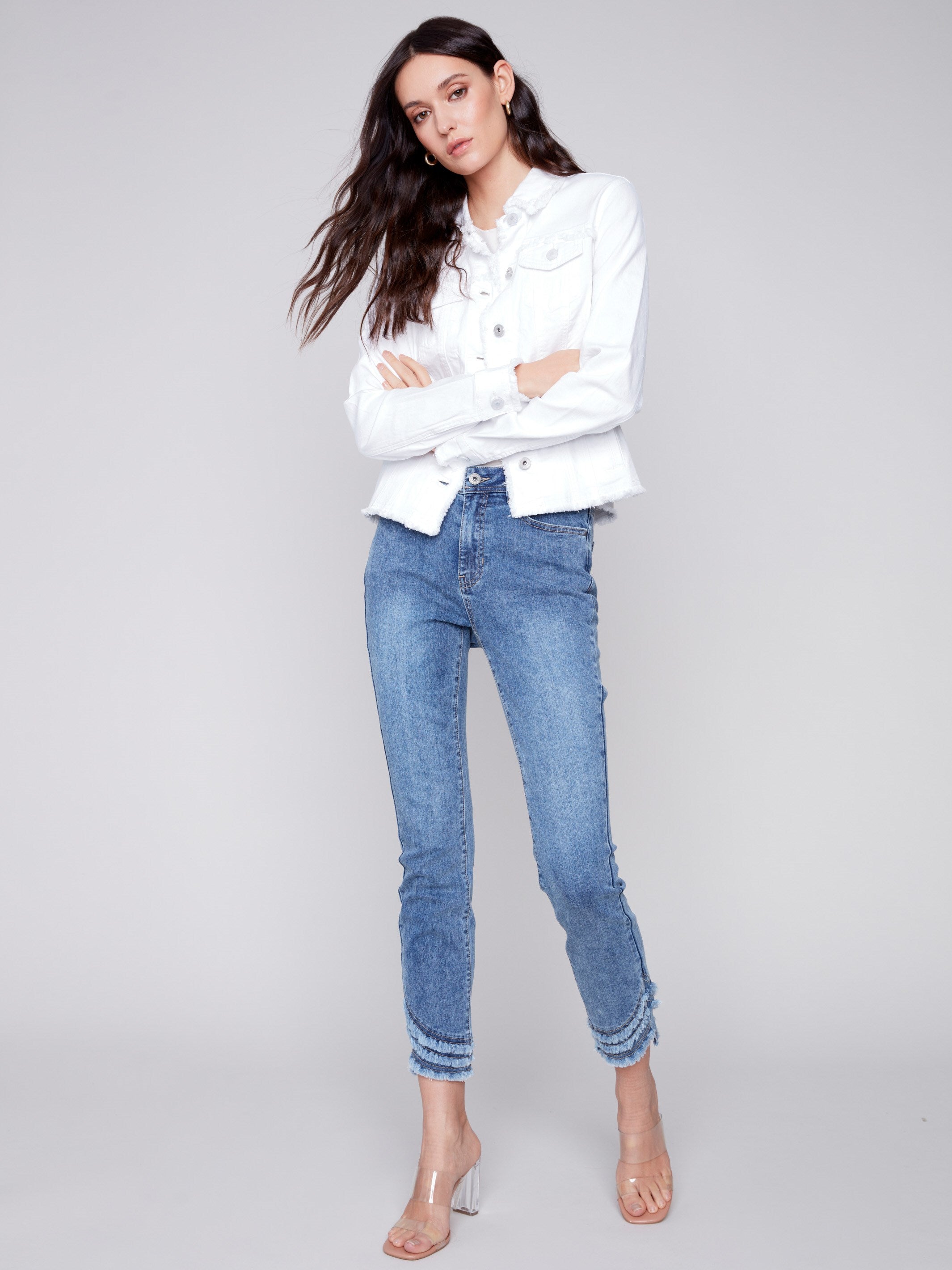 Twill Jean Jacket with Frayed Edges - White - Charlie B Collection Canada - Image 2