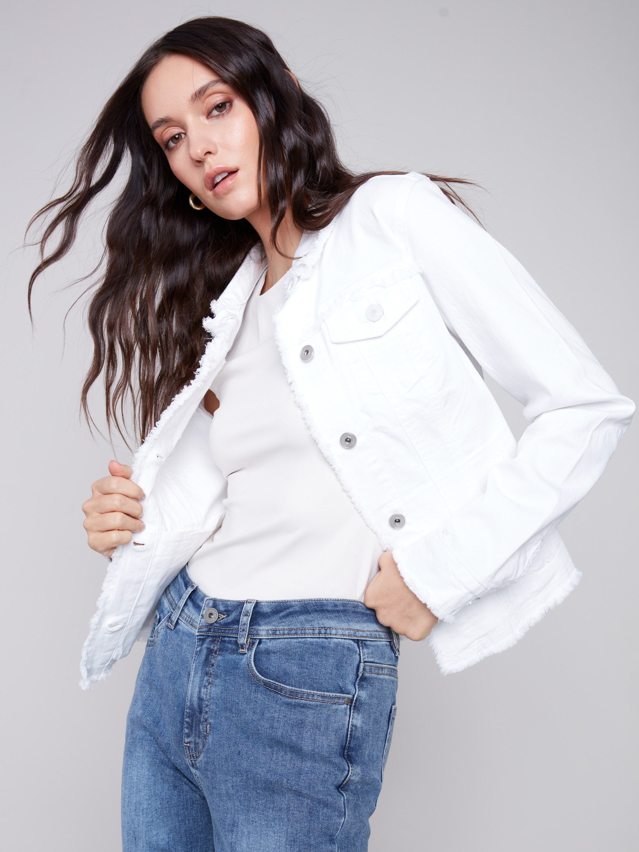 Twill Jean Jacket with Frayed Edges - White - Charlie B Collection Canada - Image 3
