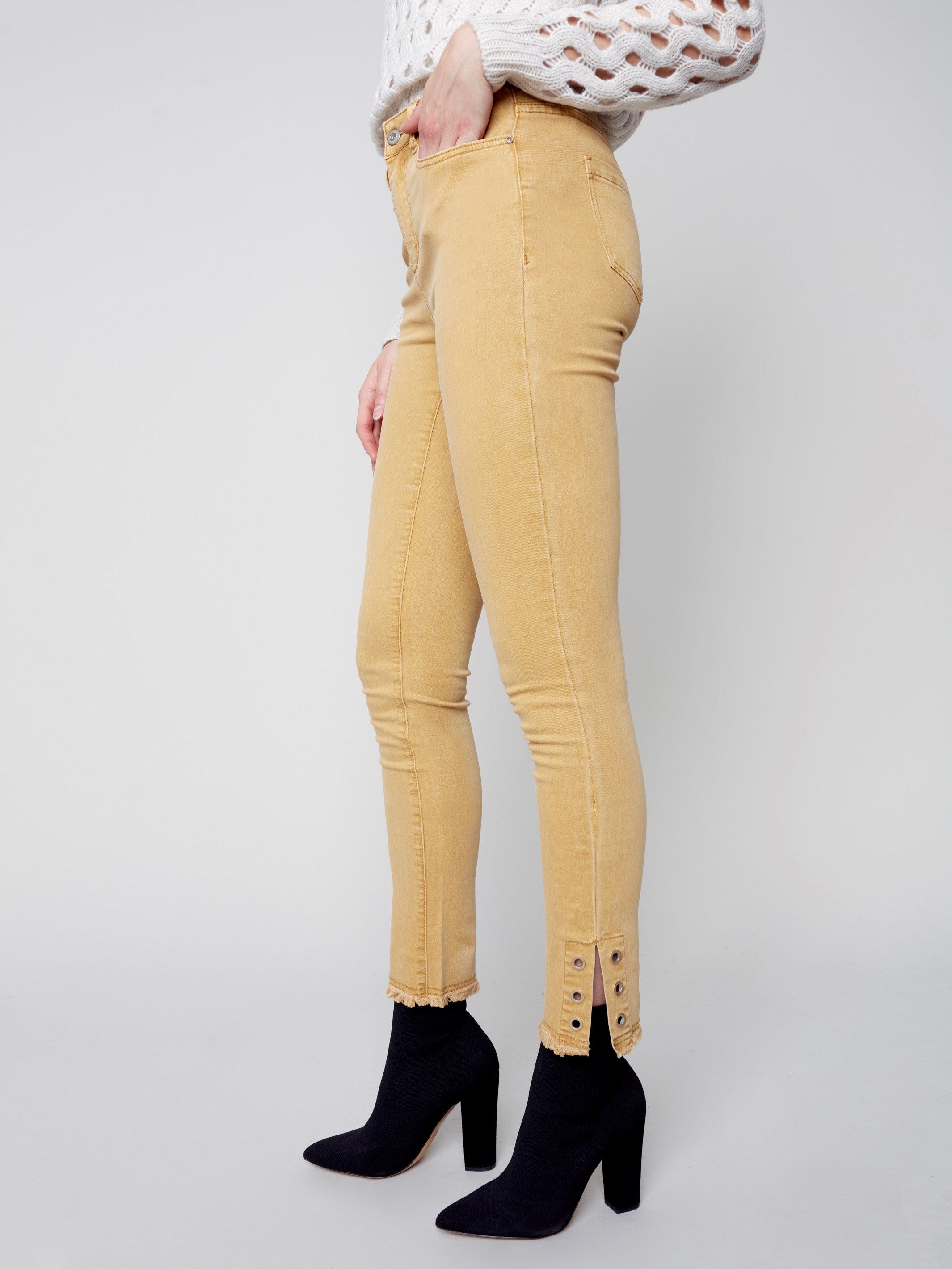 Twill Jeans with Eyelet Hem Detail - Gold