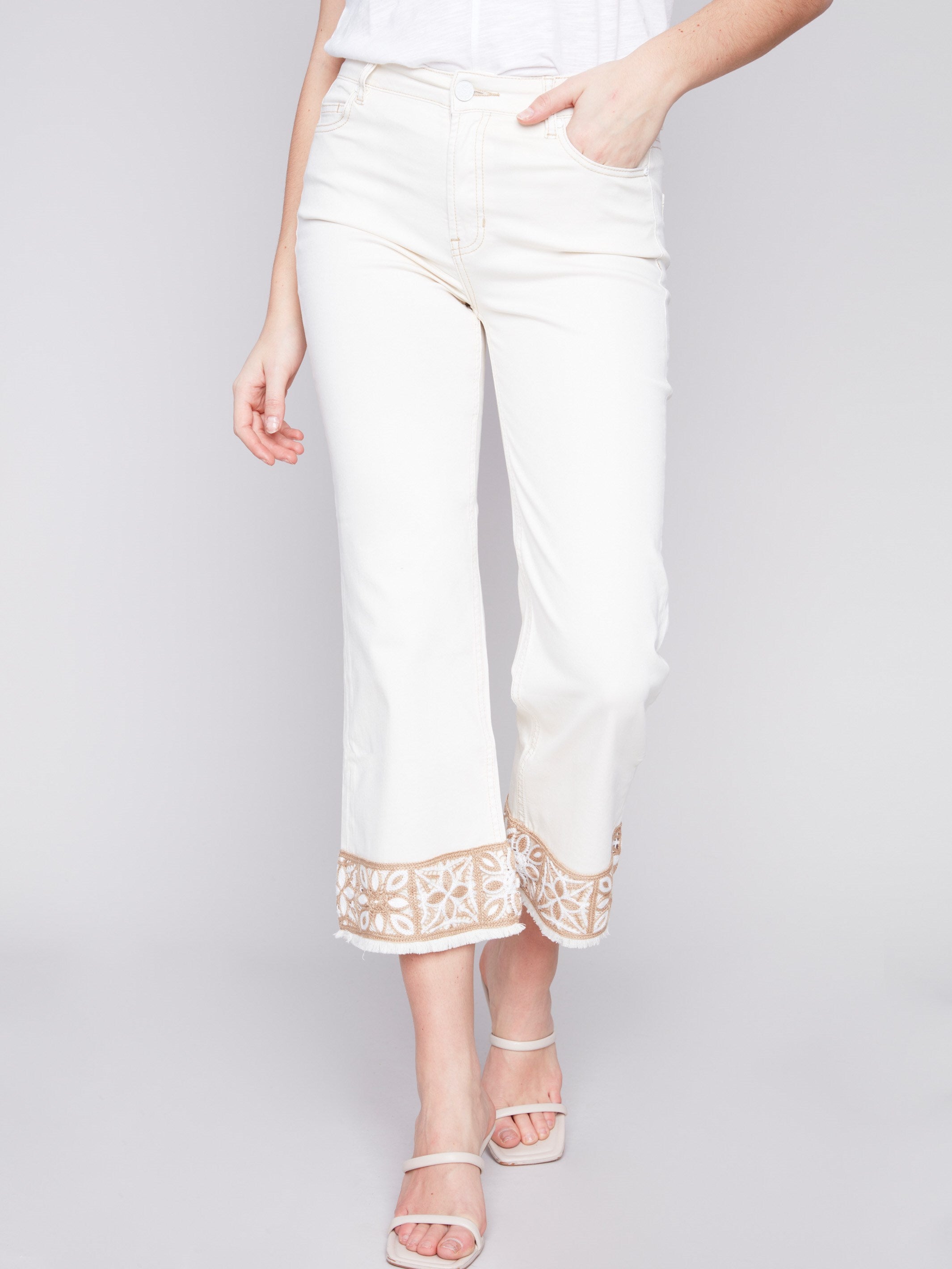 Twill Pants with Crochet Cuff - Natural - Charlie B Collection Canada - Image 2