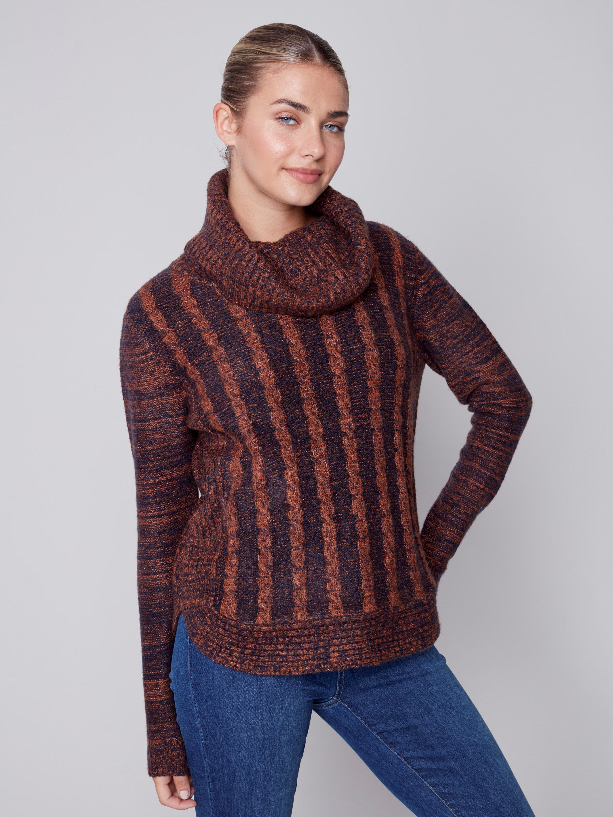 Two-Toned Cable Knit Cowl Neck Sweater - Cinnamon