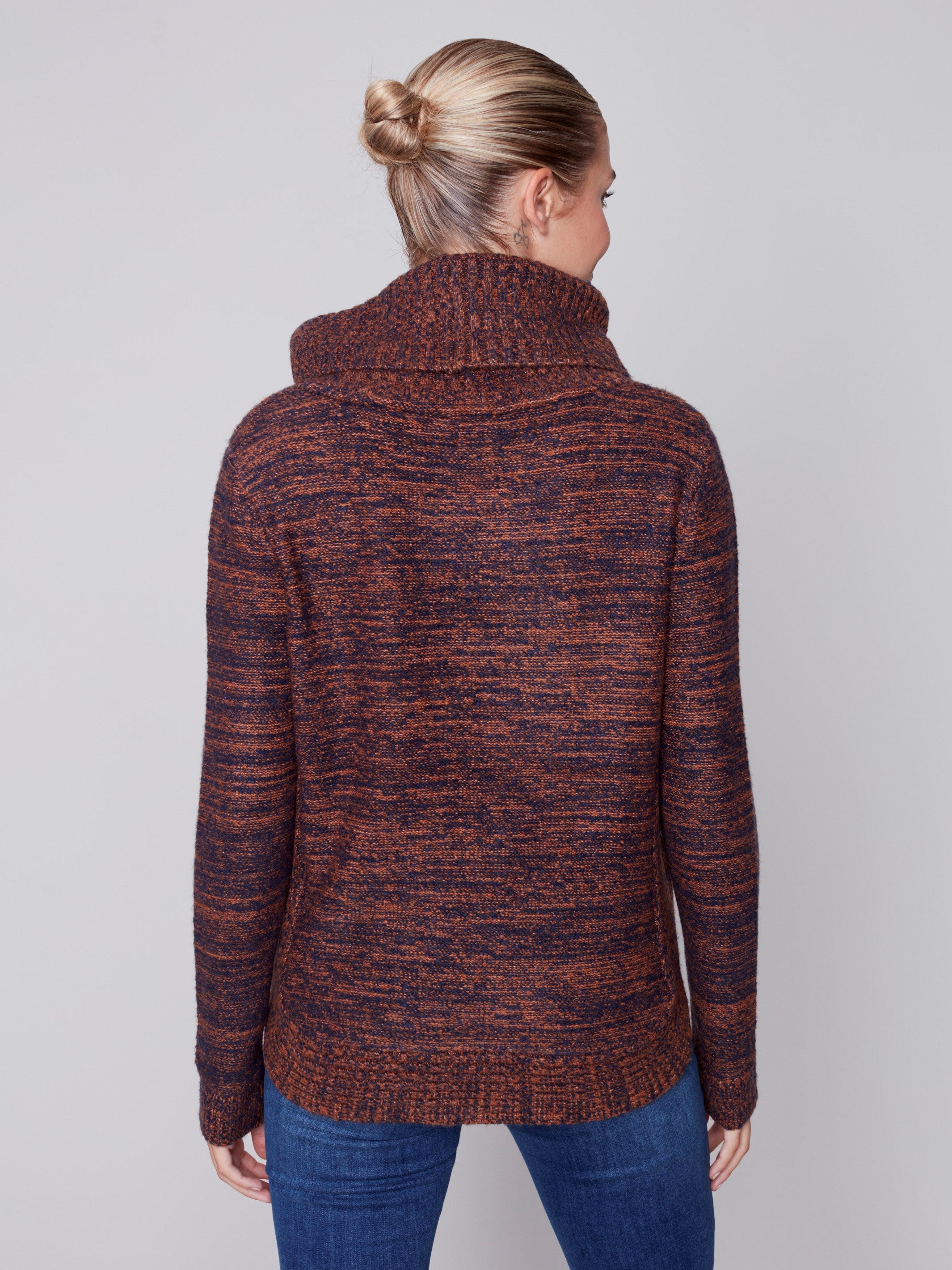 Two-Toned Cable Knit Cowl Neck Sweater - Cinnamon