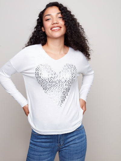 V-Neck Knit Top with Heart Art - White - Charlie B Collection Canada